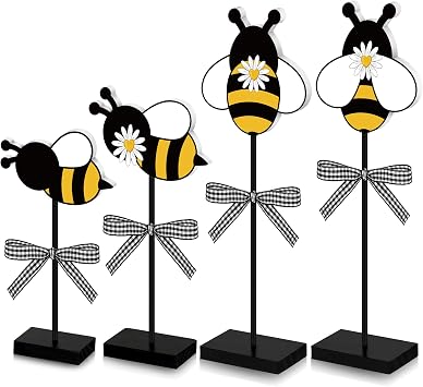 4 Pcs Bee Table Decor Summer Wooden Sign Bee Decorations for Home Set Honey Comb Kitchen Decor Rustic Standing Table Centerpiece Farmhouse Tabletop Sign for Party