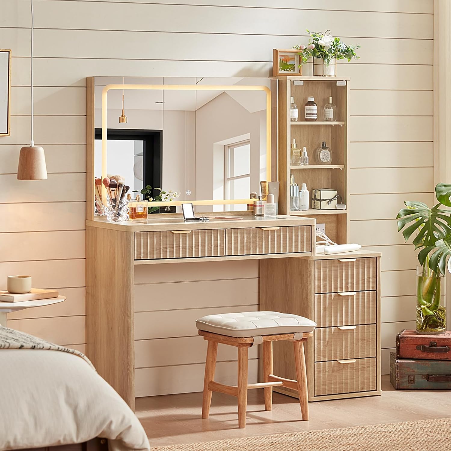 LEYAOYAO Vanity Desk with Mirror and Lights, 43.5'' Fluted Makeup Vanity with 6 Drawers and Adjustable Shelves, Natural Wood Make Up Vanity Dressing Table with Glass Top and Power Outlet for Bedroom