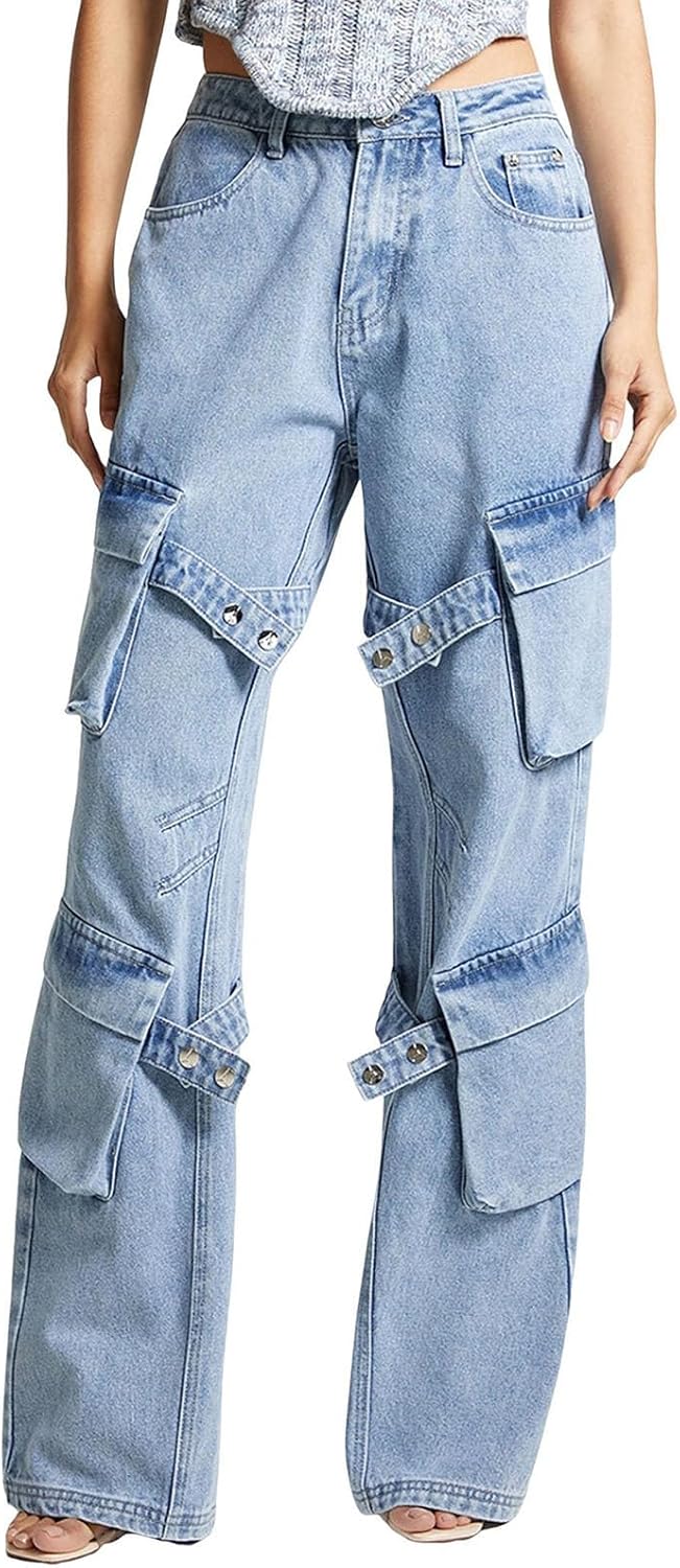 [FXVZVFEZ] レディース Y2K カーゴ ジーンズ デニム コットン ハイウエスト ストレート レッグ パンツ トレンディ 