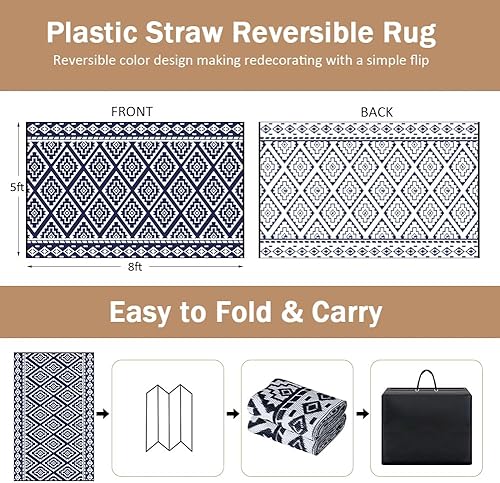 Miniatura 9 de Alfombras reversibles - Alfombra de paja de plástico, alfombra para exteriores, alfombra de área moderna, alfombra grande para exteriores, RV, Negro