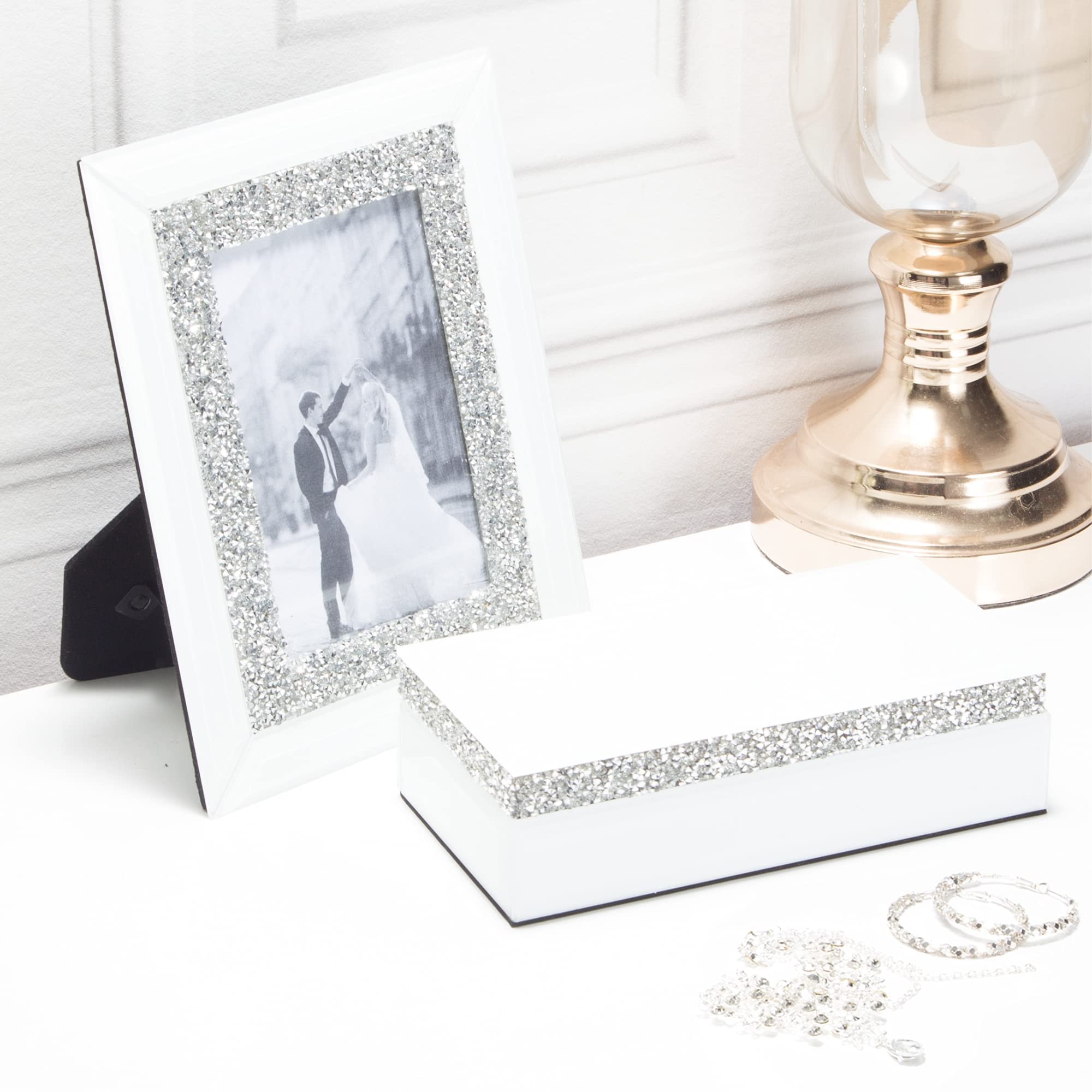 Diamante White Jewelry Box Frame Gift Set White Glass Box Glass Frame Gift for Women Girls