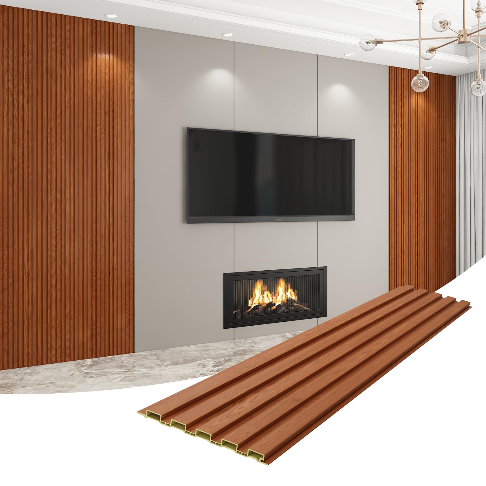 VESLARA 8-Pack WPC Wall Panels 118’’ x 6.3’’ 3D Slat Wall Panel Acoustic Wall Paneling for Interior Wall Decor TV Background Kitchen Bedroom Teak