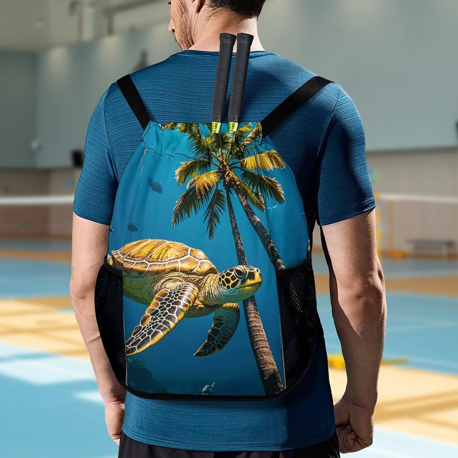 Fitness Drawstring Backpack Waterproof Gym Bag Palm Trees And Sea Turtles Diving Underwater Lightweight Dry And Wet Separation Swim Bag