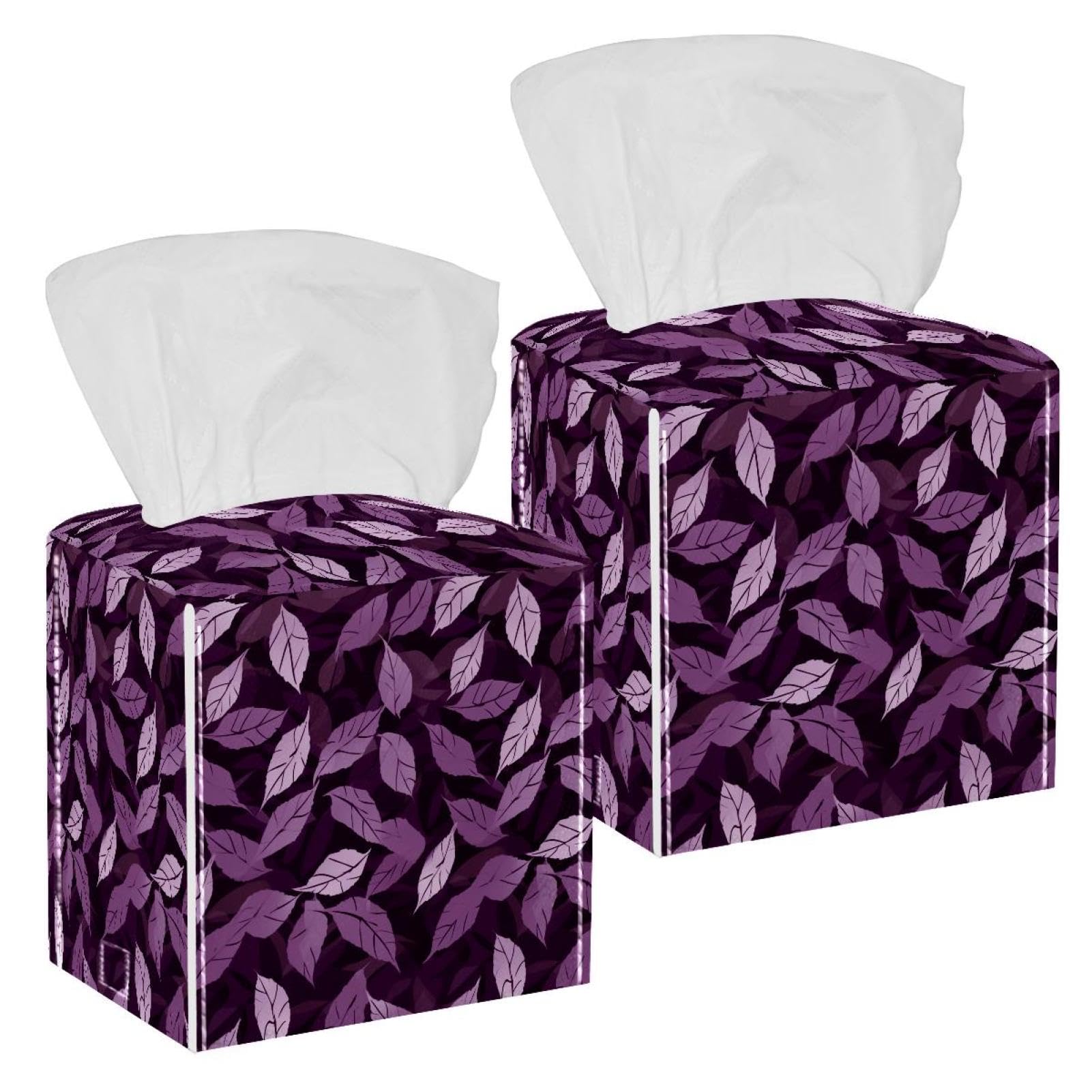 Artistic Leaves Tissue Box Cover, 2 Pack PU Leather Square Facial Tissue Dispenser Box holder for Home Office Car