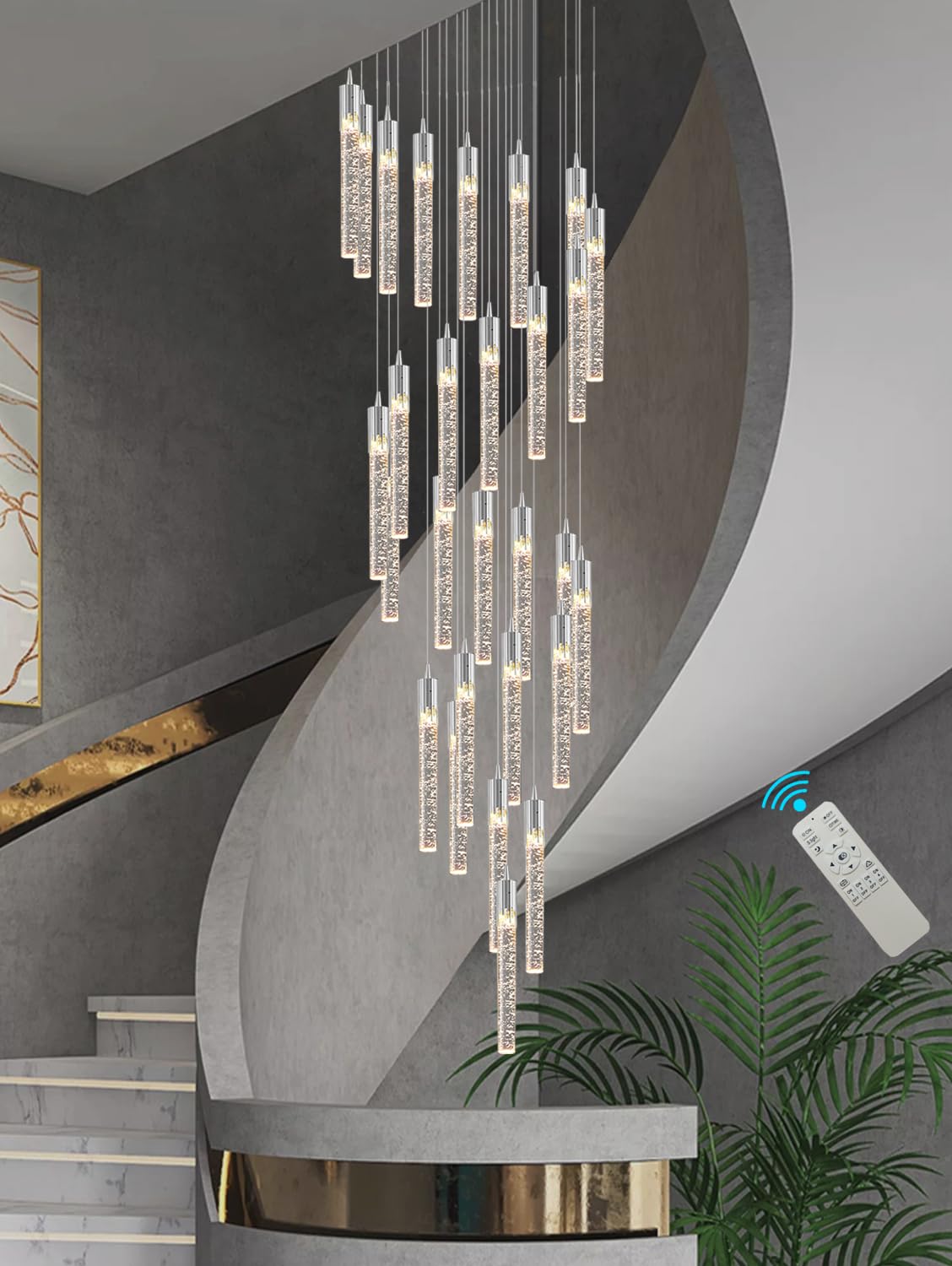 PCXEHUYP Silver 28-Light Dimmable Crystal Chandelier for High Ceilings - Elegant Large Foyer Lighting 12ft Entrances Adjustable 2700K-4500K-6000K Brightness