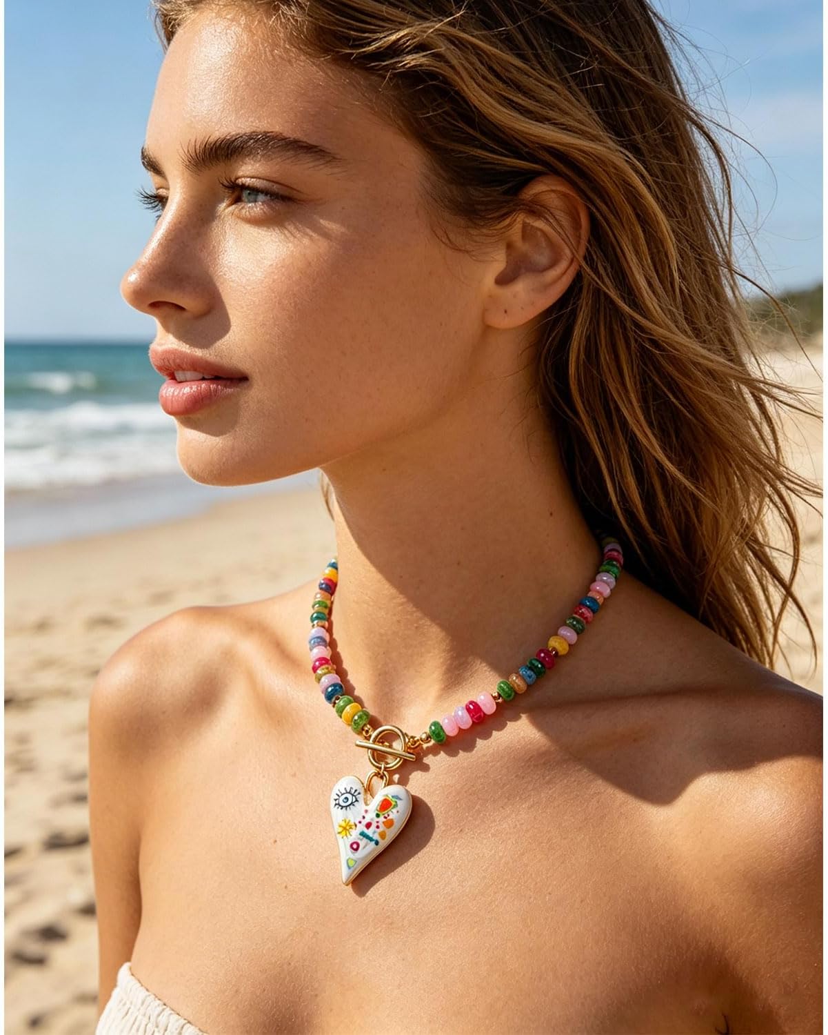 Colorful Chunky Beaded Necklace for Women - Boho Rainbow Bead Choker with Heart Charm Pendant Necklaces, Summer Beach Vacation Statement Necklace