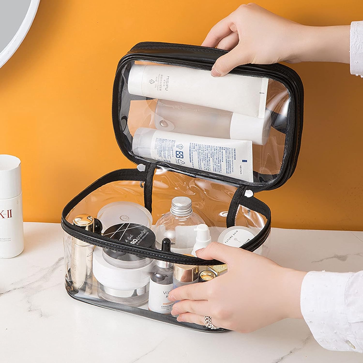 Clear Cosmetic Bag Dual Layer Travel Toiletry Bags Make up Organizer Waterproof Brushes Holder Black