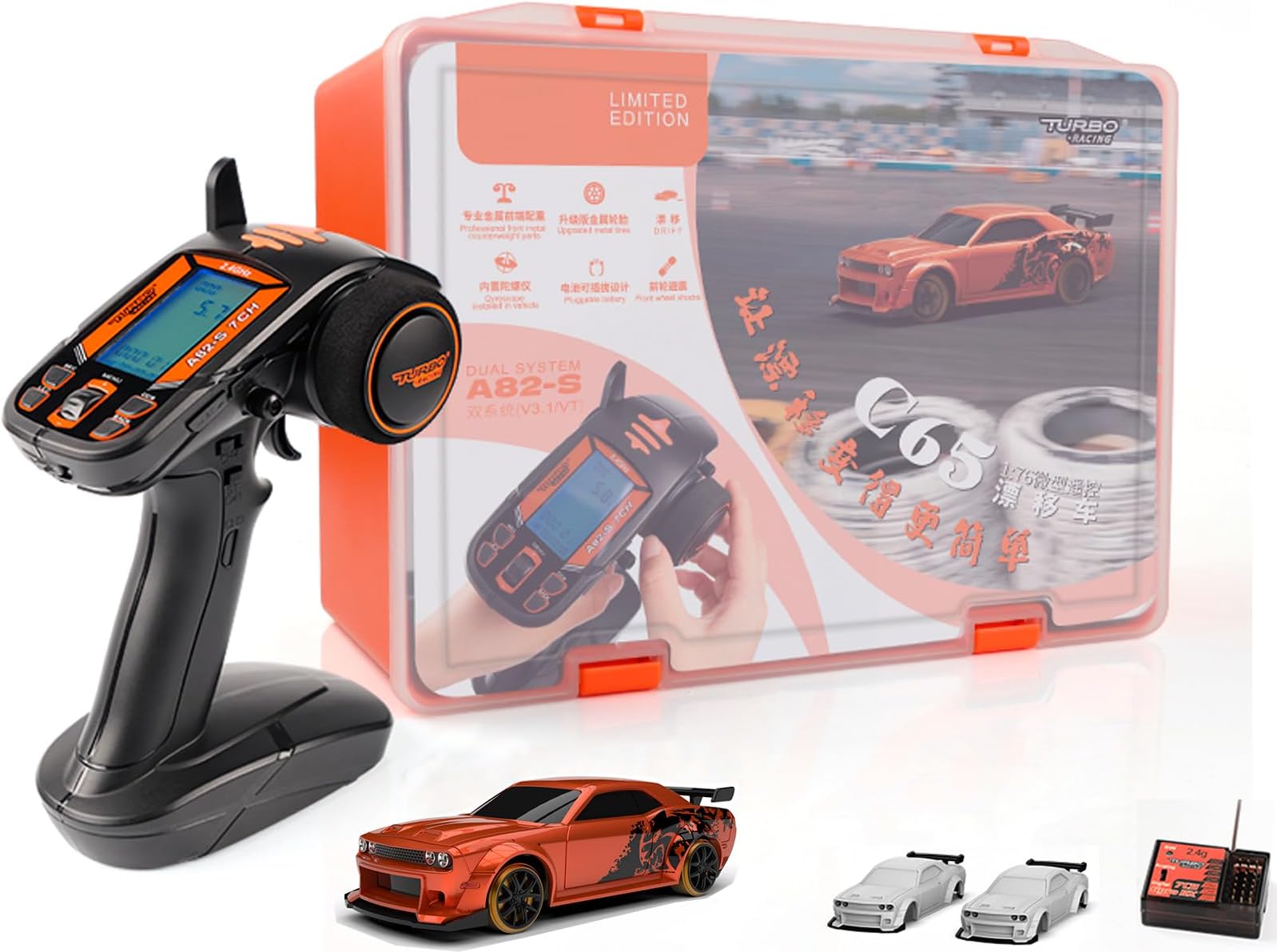 Turbo Racing Limited Edition 1:76 Drift Car Mini RC Desktop with Gyro Mini Full Proportional RTR and LCD Remote Control A82-S and Receiver (C65-RED)