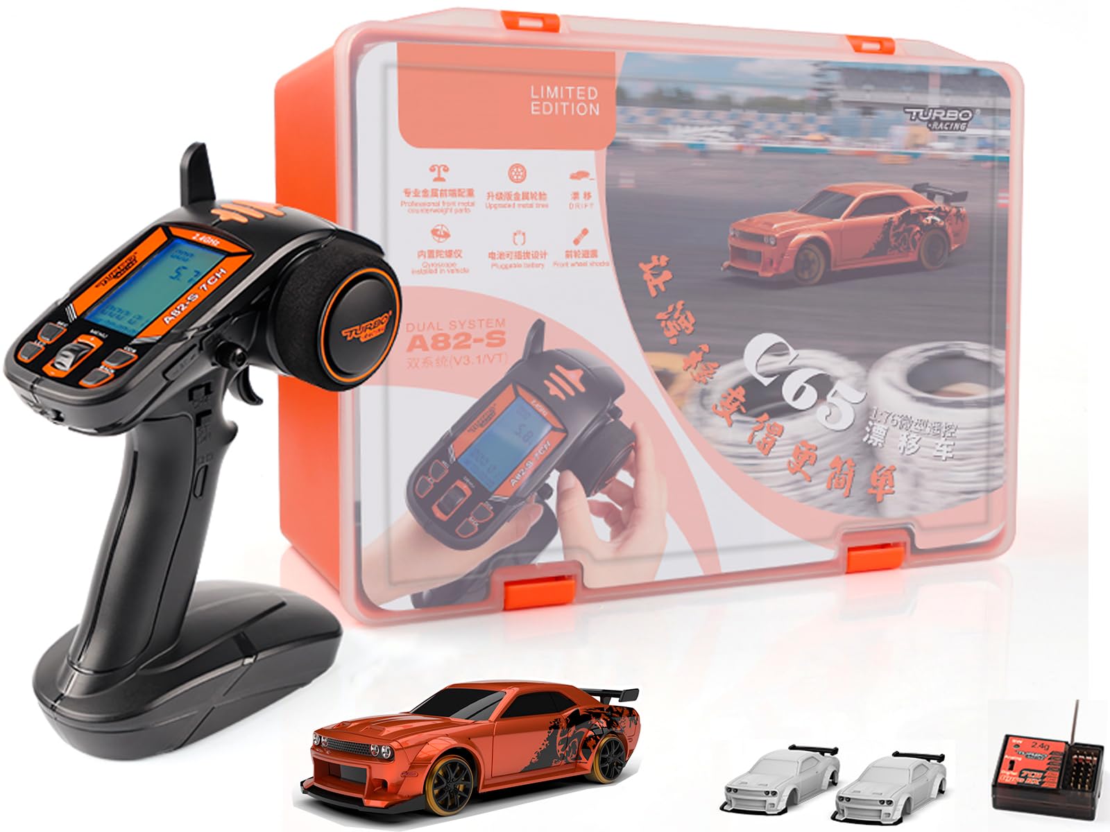 FLYCOLOR Turbo Racing Limited Edition 1:76 Drift Car Mini RC Desktop with Gyro Mini Full Proportional RTR and LCD Remote Control A82-S and Receiver (C65-RED)