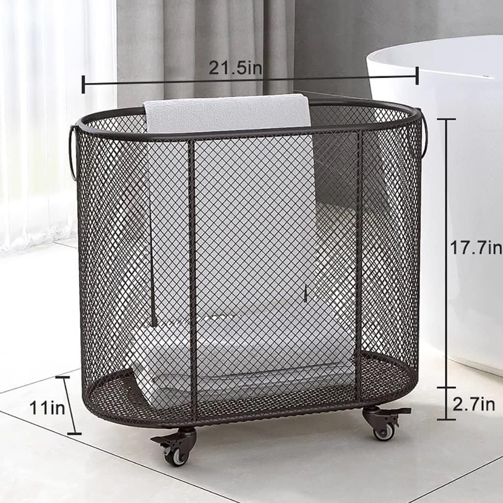 Grande cesto portabiancheria in metallo con ruote, carrello portabiancheria ovale stretto da 21,5"x11"x20,5", cesto portabiancheria in rete resistente for vestiti, asciugamani, contenitore for bagno e
