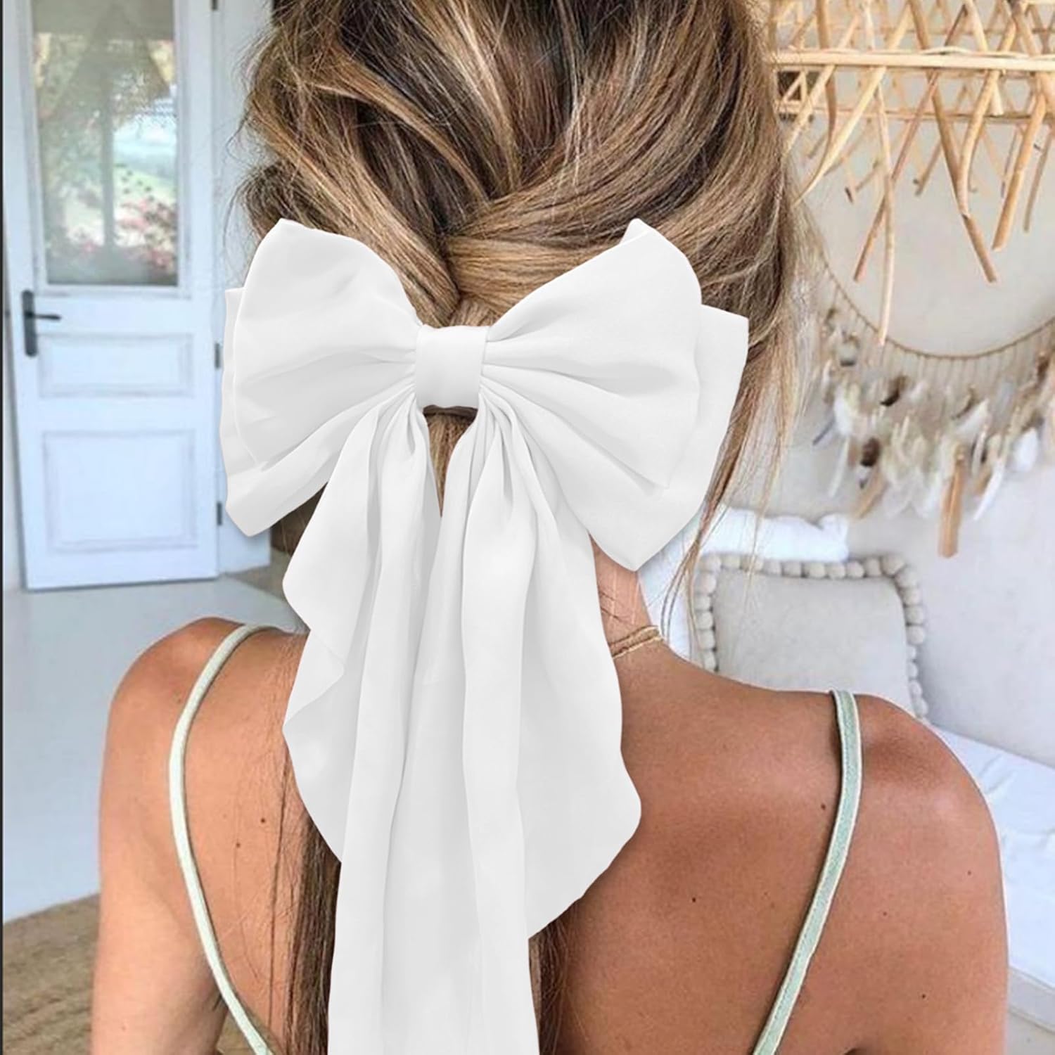 Hair Bow for Girls,Cute Bow Hair Clips for Women Oversized Satin Hair clips Long Ribbon Hair Accessories Gifts for Girl (Pure white)
