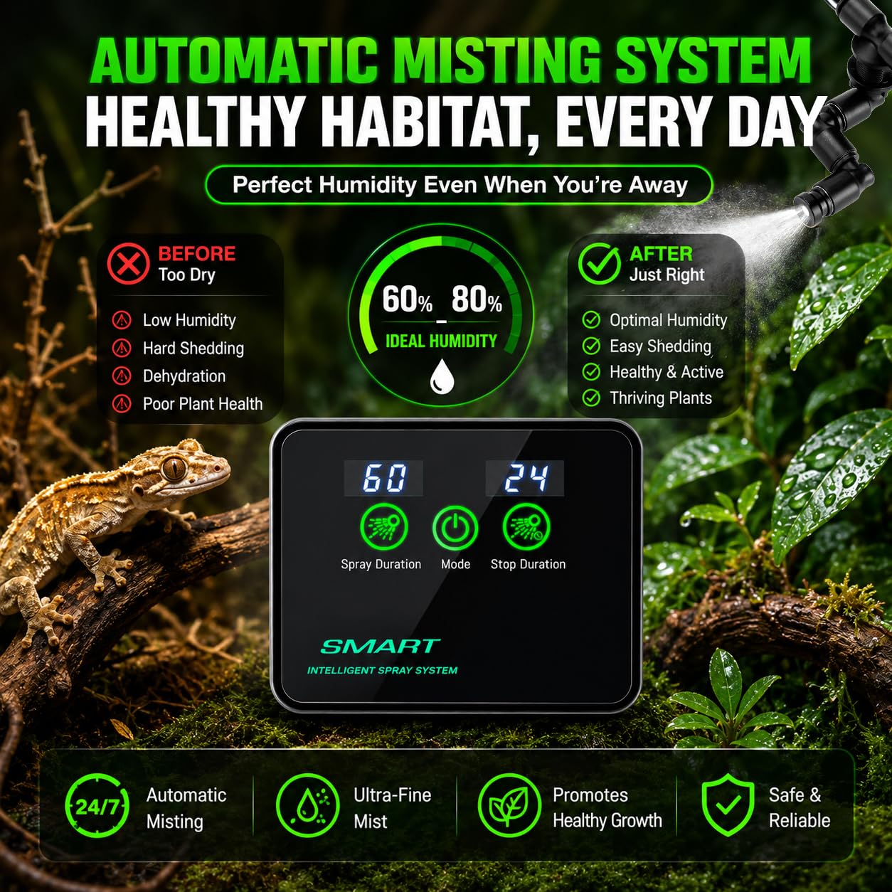 Reptile Mister Automatic Misting System, Reptile Humidifiers with Smart Timing Controller, Terrariums Humidifier with 360°Adjustable Misting Nozzles, Rainforest Ecosystem Sprayer — Amazon image 2