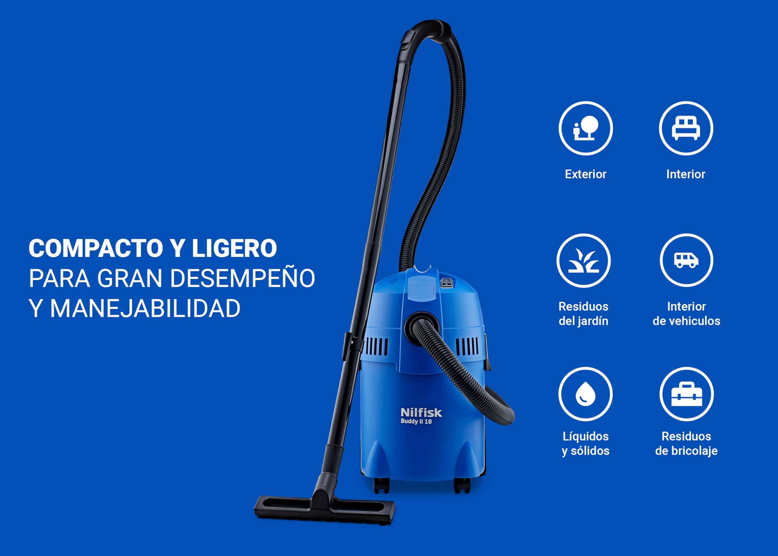 Nilfisk Buddy II 18L Aspirador de Agua y Polvo - Aspiradora de Bricolaje para Sólidos y Liquidos, Seco y Húmedo, Exterior e Interior (1200 W)