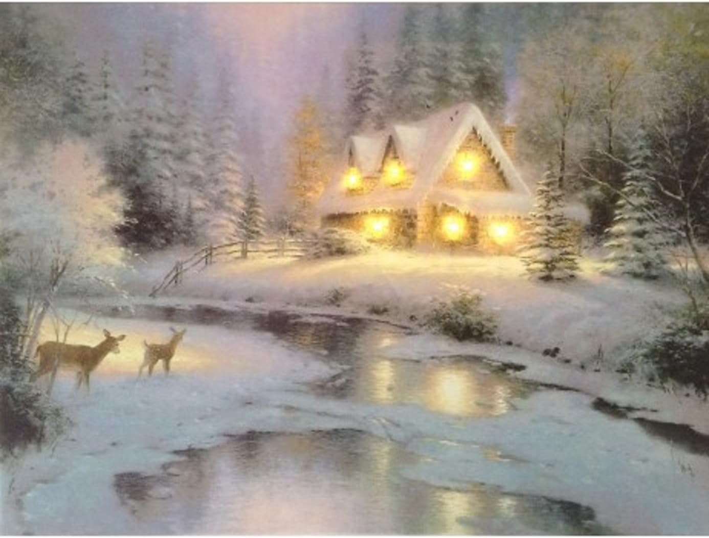 Winter House With Deer Winter Scene Light Up LED Canvas Picture