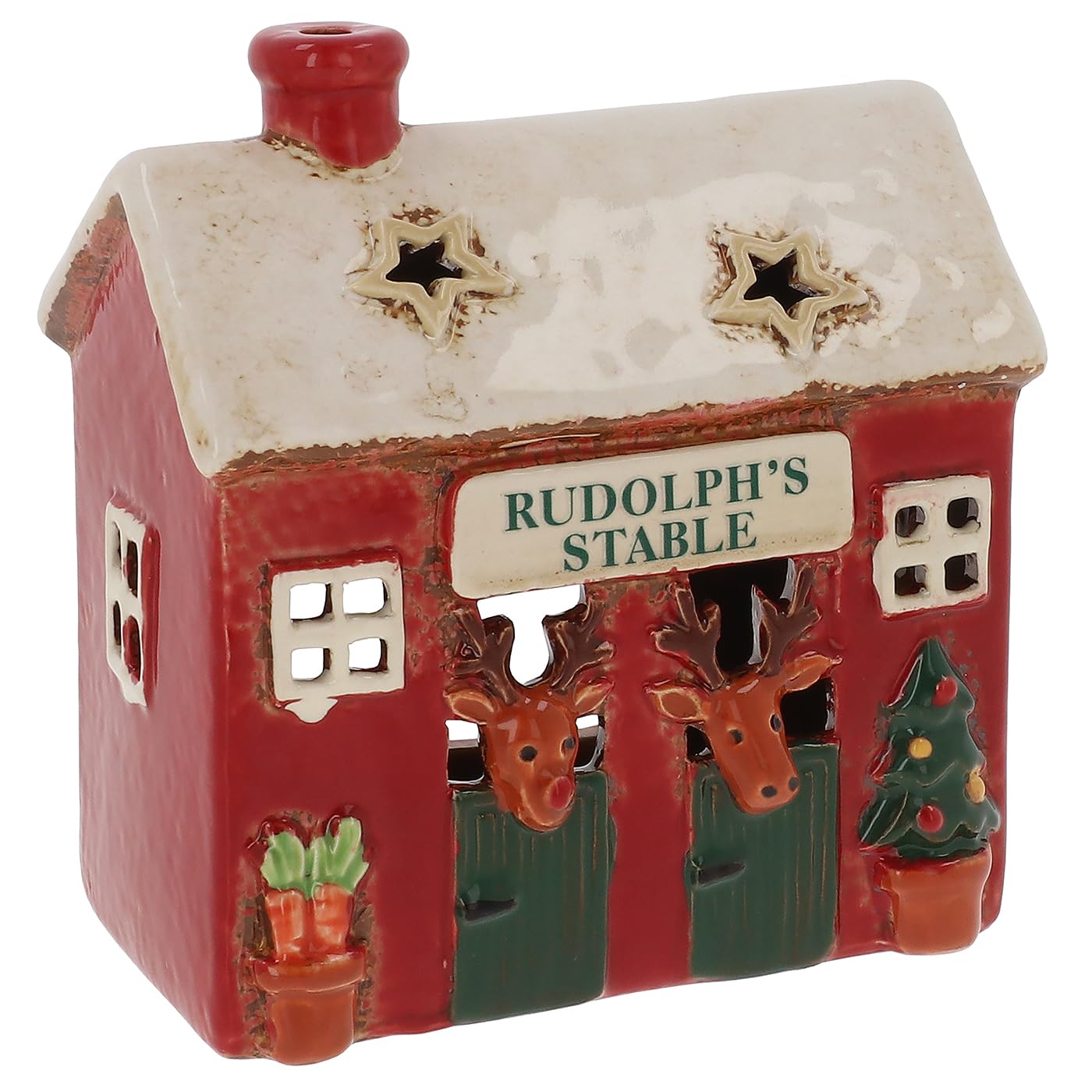 Shudehill Giftware Village Pottery Rudolph's Stable Ceramic Christmas Tealight Holder, Festive Decoration