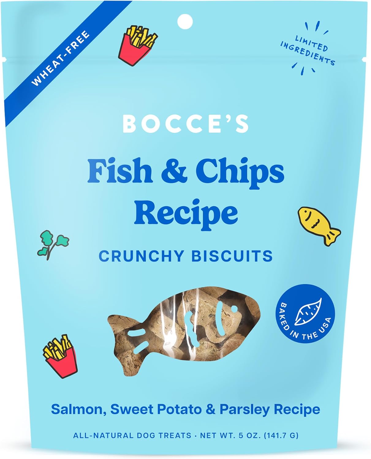 Bocce’s Bakery Treats for Dogs – Special Edition Wheat-Free Dog Treats, Fish & Chips Biscuits, 5 oz