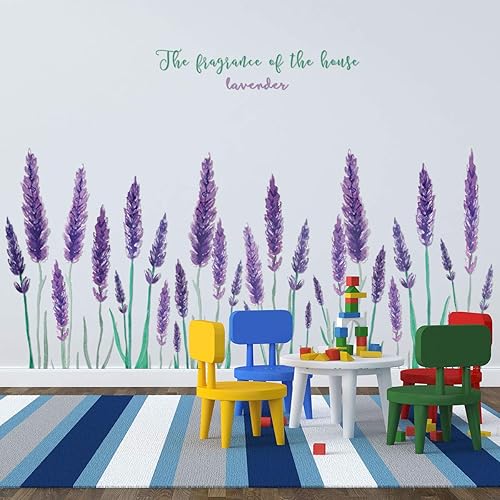 Miniatura 4 de Amaonm - Calcomanía de pared removible de lavanda morada, flores frescas con letras para pared, despegar y pegar, decoración artística para niños,