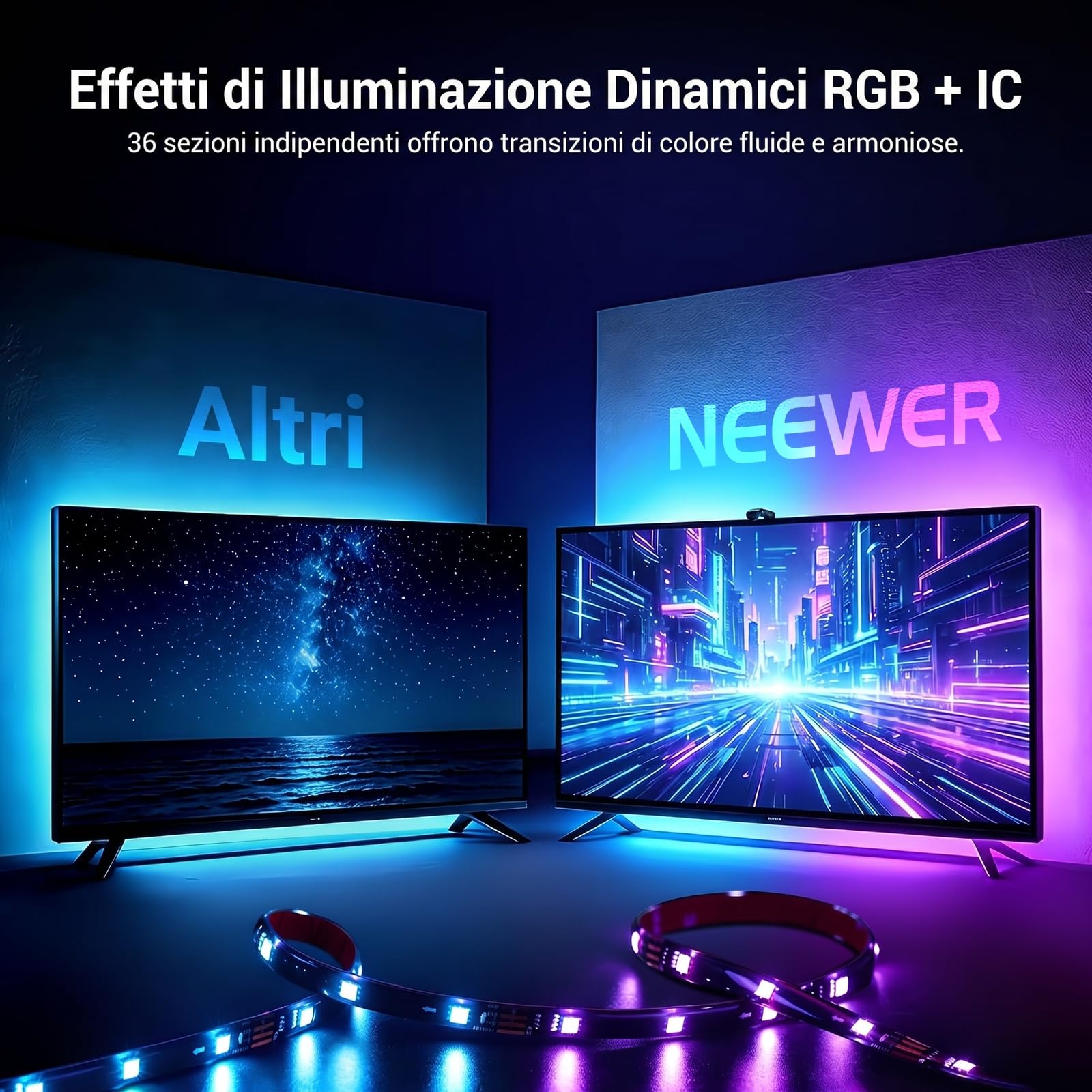 NEEWER BASICS Retroilluminazione LED per TV 75"-85",Striscia LED RGB 5m con Sensore Cambio con TV, On/Off Programmato,Sinc del Colore a Ritardo Zero,Sinc Musicale,24 Effetti Scena,Controllo App,NS03