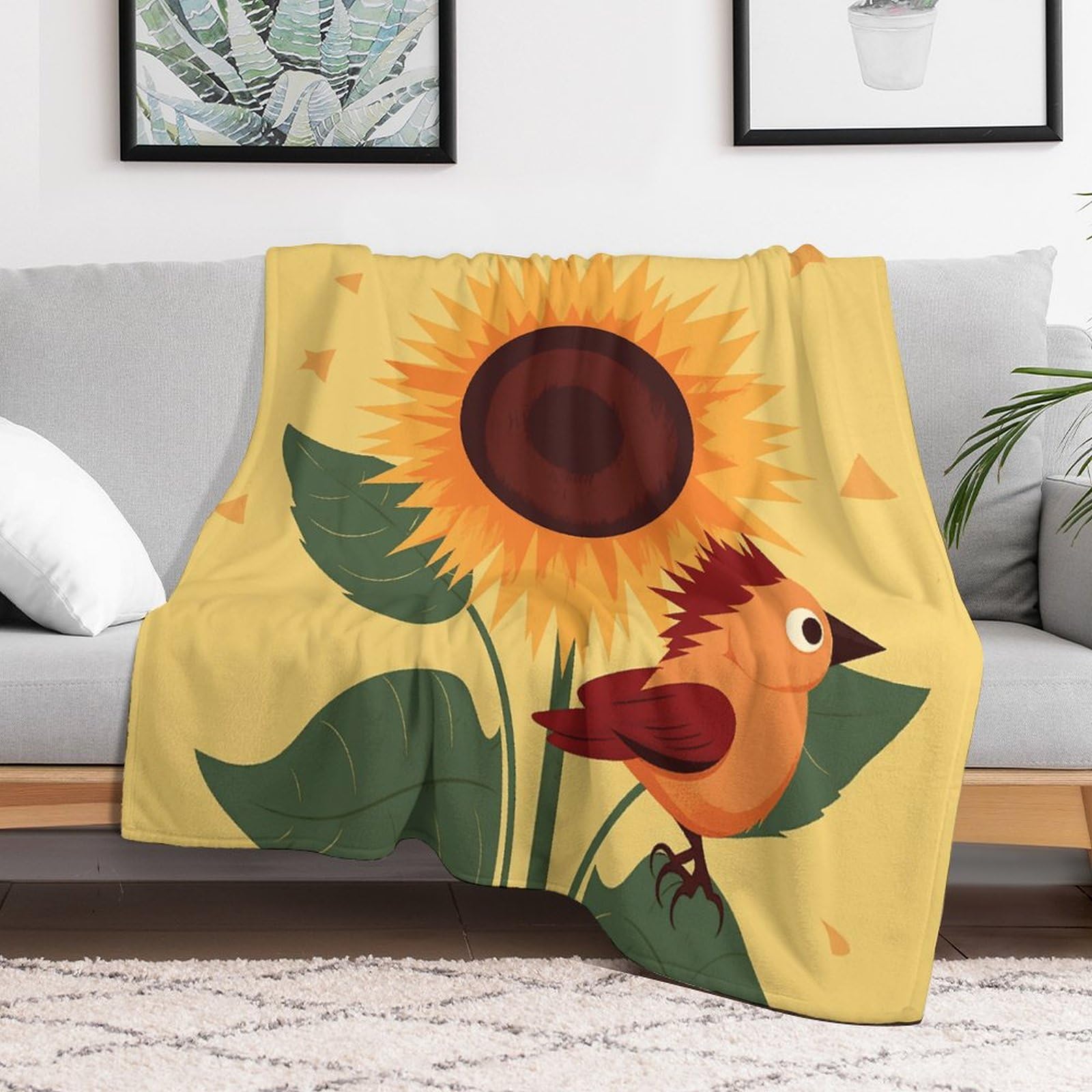 Couverture en micro polaire douce plaid lit canapé tournesol oiseau 152x203cm