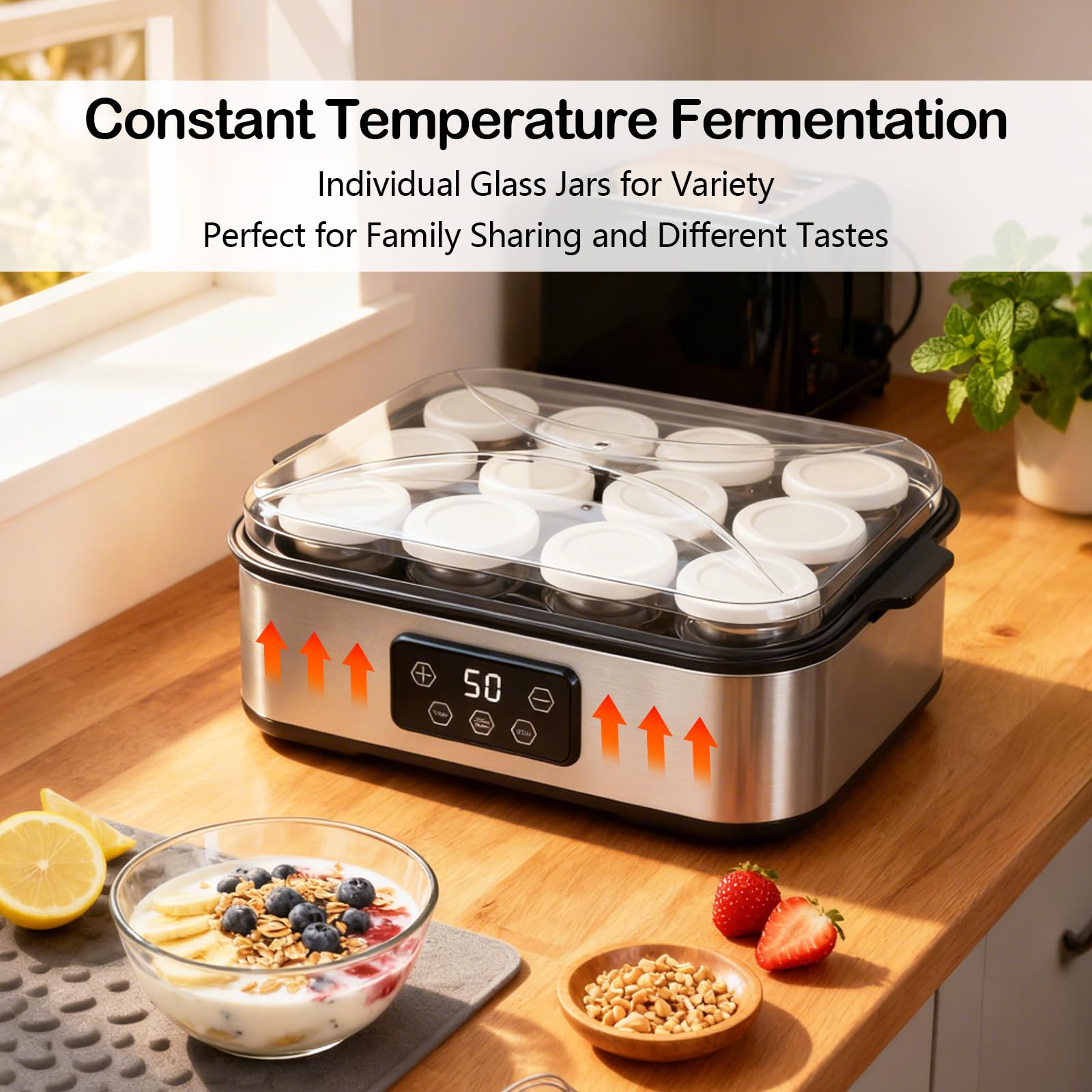 Yogurtiera Elettrica 2200 ml, con 12 × 180 ml Vasetti in Vetro, Macchina Digitale in Acciaio Inox, Yogurt Maker Automatico per Yogurt Fatti in Casa, Formaggio o Natto