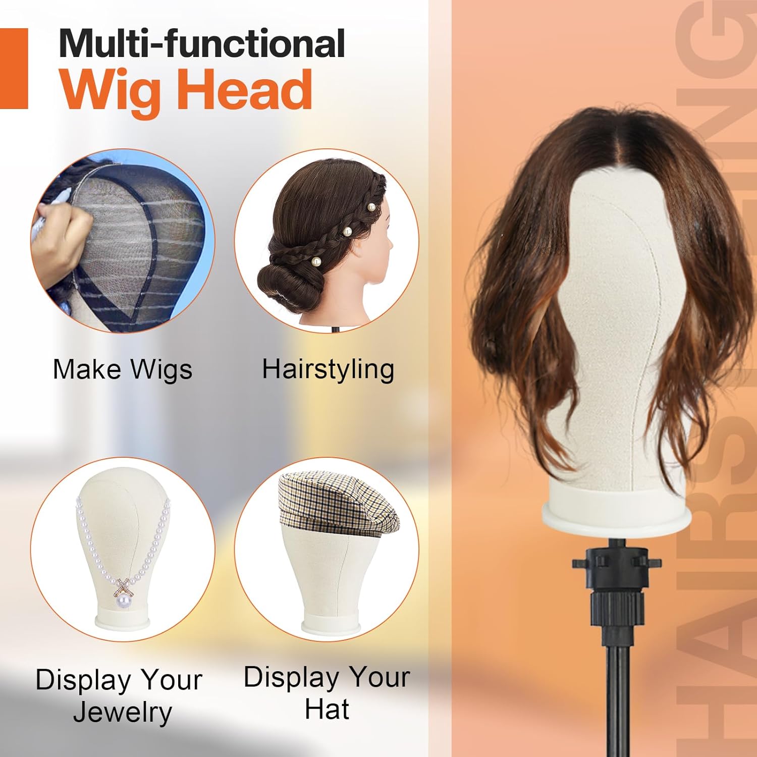 Image showing the multi-functional uses of the wig head, including making wigs, hairstyling, displaying jewelry, and displaying hats.