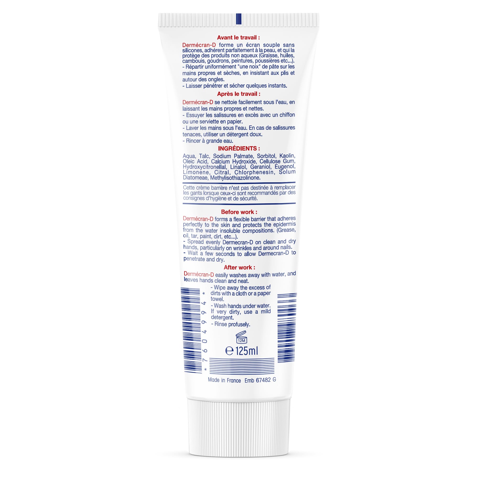 Lot de 3 – Dermécran – Pâte de protection ANTI-GRAISSES – CAMBOUIS – POUDRES – PIGMENTS – Mains et bras – Haute tolérance - Tube 125 ml.