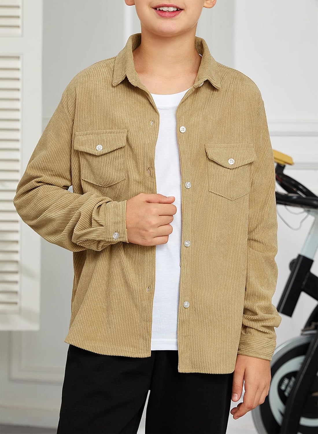 blibean Boy Corduroy Long Sleeve Shirt Shacket with Pockets Size 6-15 Years Old - Image 2