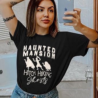 Beware of Hitch Hiking Ghost Shirt Women Funny Halloween Shirts Haunted Tshirt Ghost T-Shirt Short Sleeve Tee