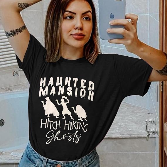Beware of Hitch Hiking Ghost Shirt Women Funny Halloween Shirts Haunted Tshirt Ghost T-Shirt Short Sleeve Tee