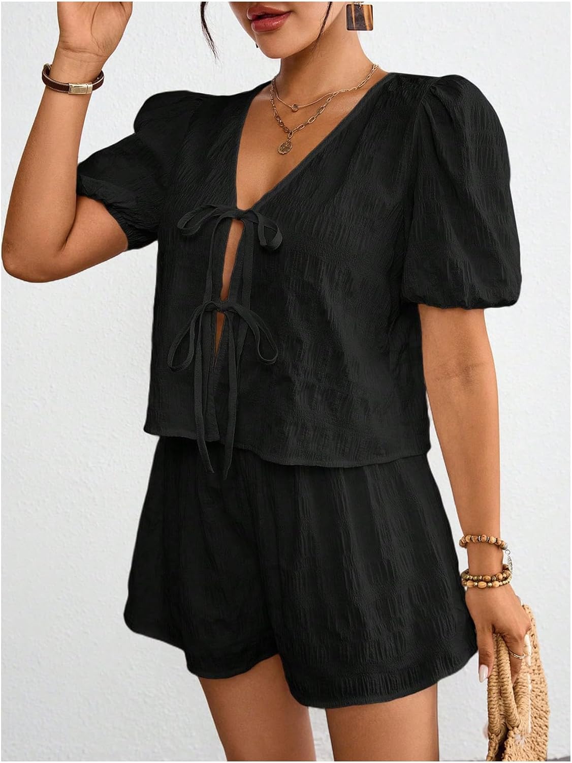 OYOANGLE Women's 2 Piece Outfits Textured Bow Tie Short Sleeve Blouse and Wide Leg Shorts Set - Image 3