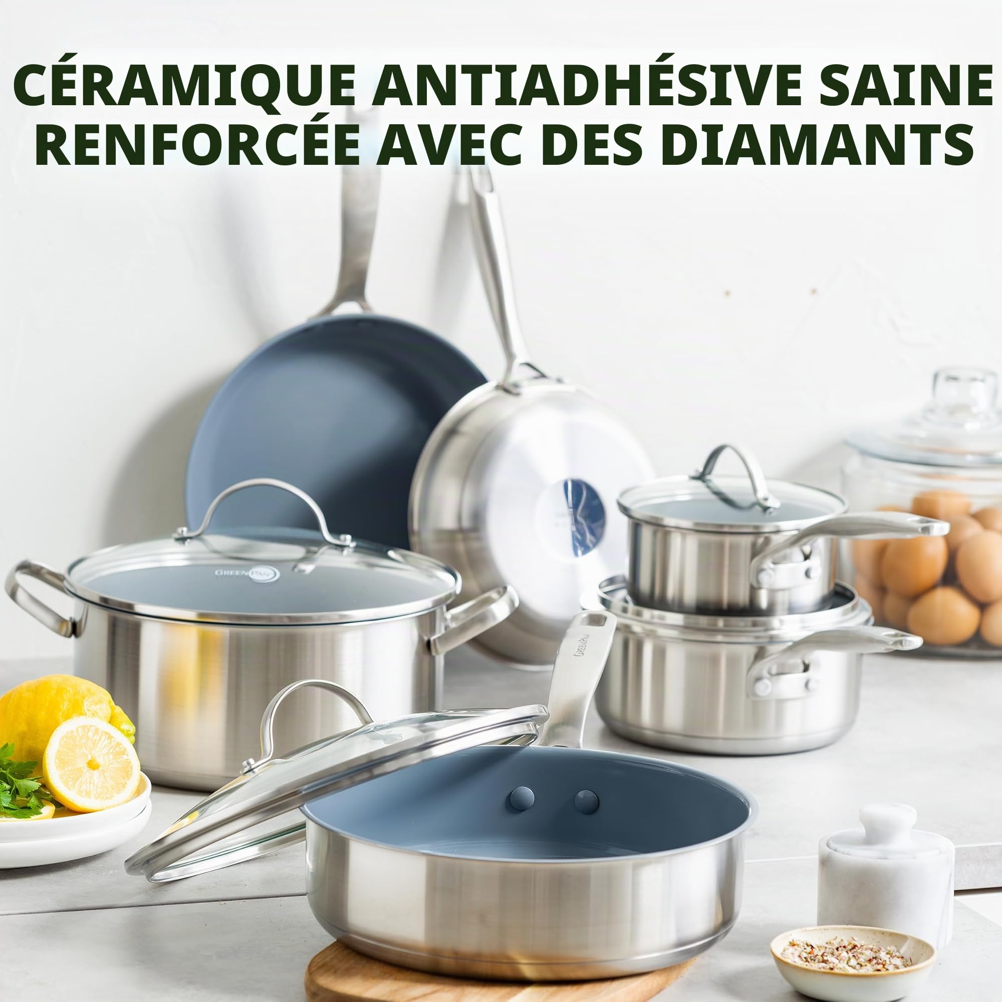 GreenPan Treviso Batterie de Cuisine en Acier Inoxydable avec Revêtement Antiadhésif en Céramique Sain, 10 pièces, Poêle à Frire, Casserole, Sans PFAS, Induction, Four, Lave-Vaisselle, Argent