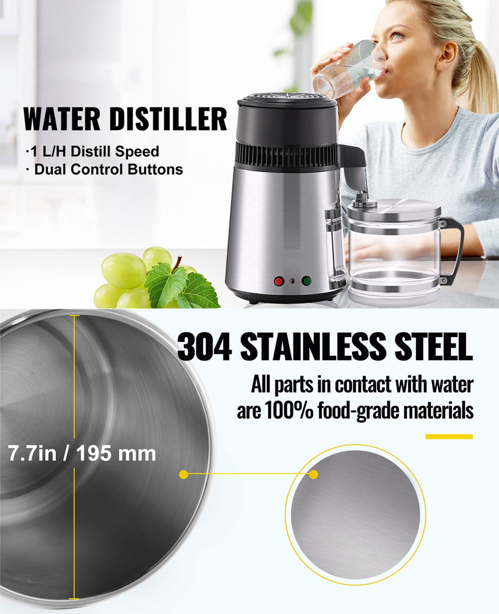 304 Acero Inoxidable Destilador De Agua con Jarra De Vidrio, Destilación De La Máquina De Agua Pura para Encimera De Casa, Purificador De Agua para Hacer Agua Limpia, 4L