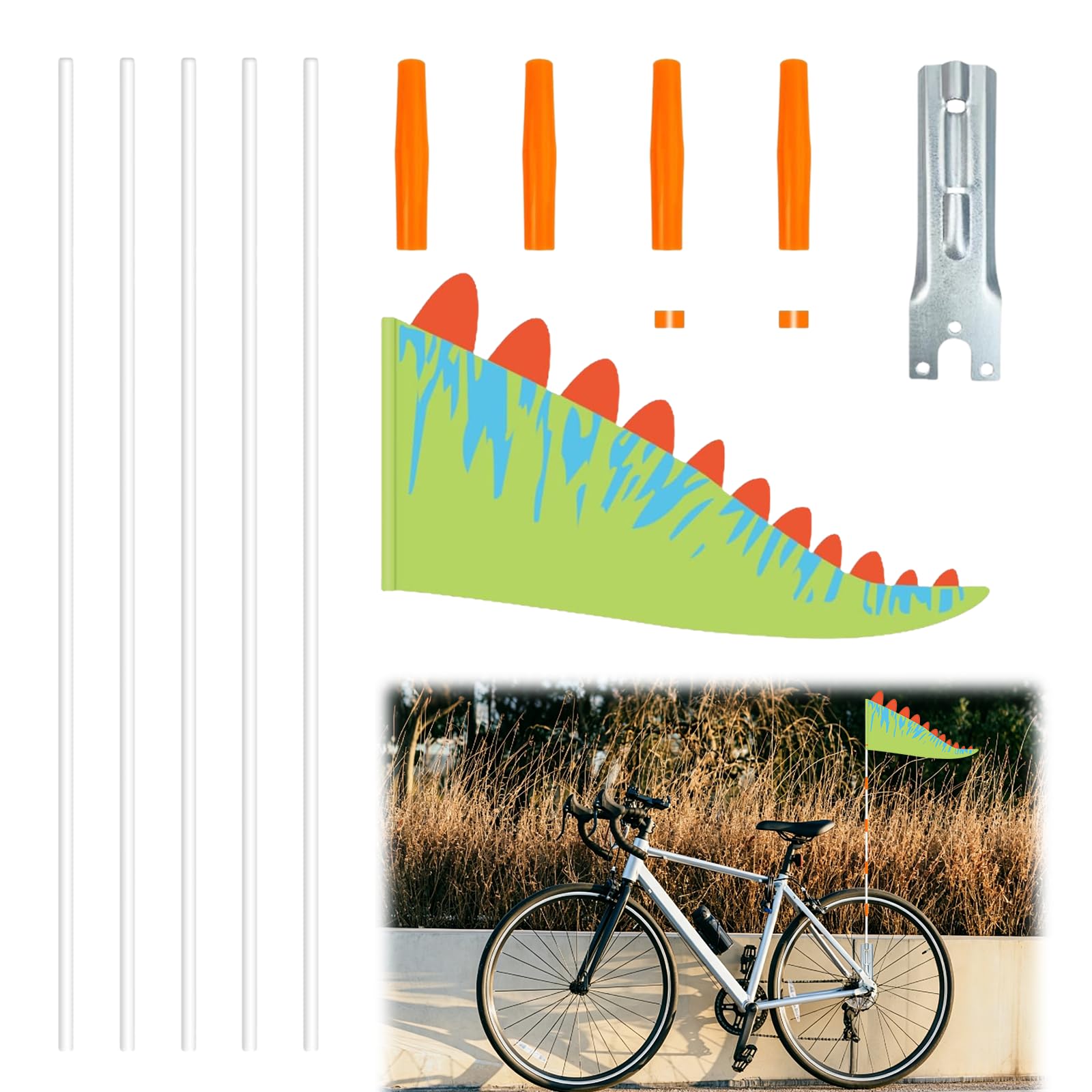Yooyan Children's Bicycle Flag with Dino Motif, Adjustable Bicycle Pennant with Holder, Safety Flag for Children's Outdoor Bike, Green Cartoon Warning Flag 166 cm