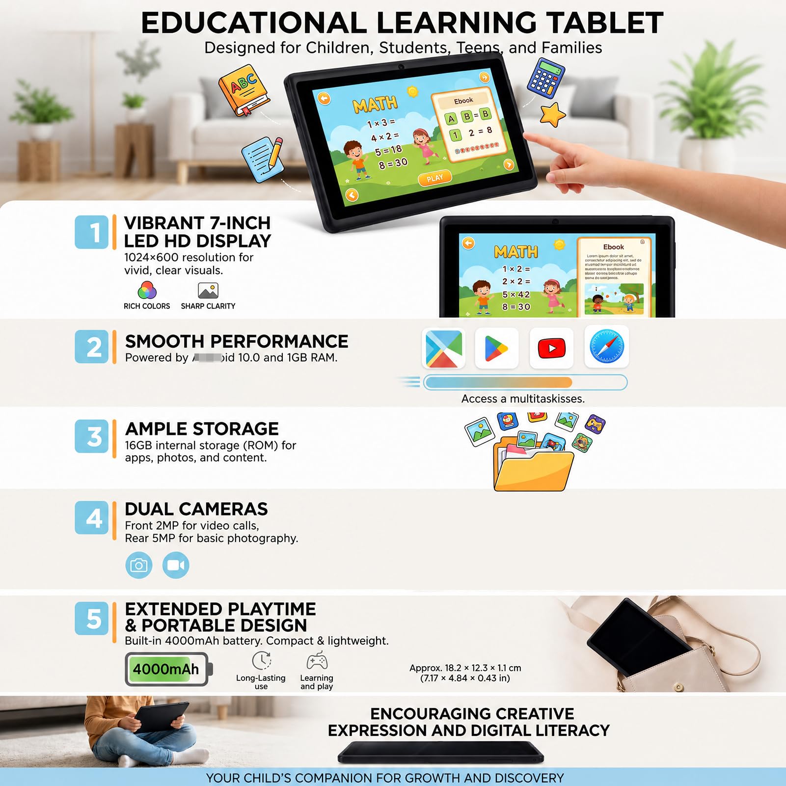 Fockety Tablet Android per bambini, con schermo LED HD 7 pollici, fotocamera anteriore 200 W e posteriore 500 W, 16 GB di memoria, ideale come regalo per studenti e giovani studenti (1)