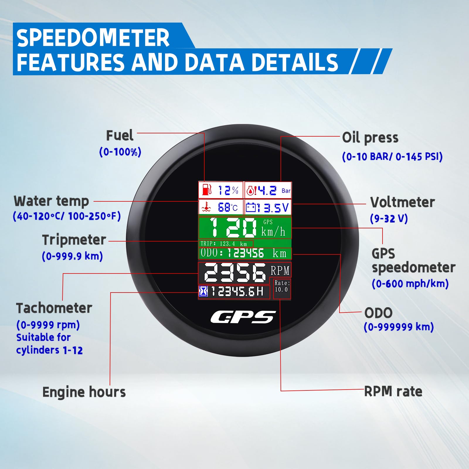 Tachimetro GPS 85 mm 6 in 1 Multifunzione Digitale Tachimetro Contagiri Voltmetro Indicatore Livello Carburante Temperatura Acqua e Pressione Olio
