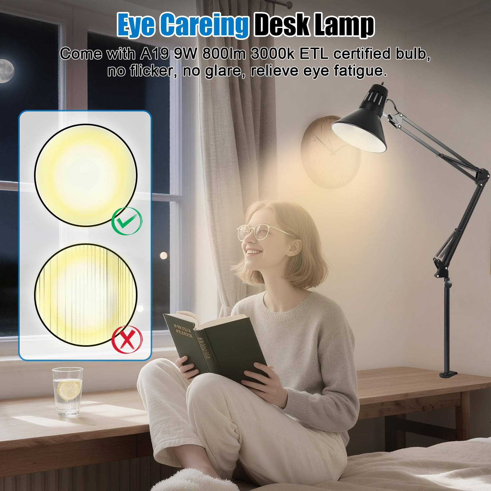 Lampada da scrivania con morsetto a LED, braccio oscillante regolabile a 360°, luce a morsetto con lampadina LED per casa, ufficio, lettura, redazione