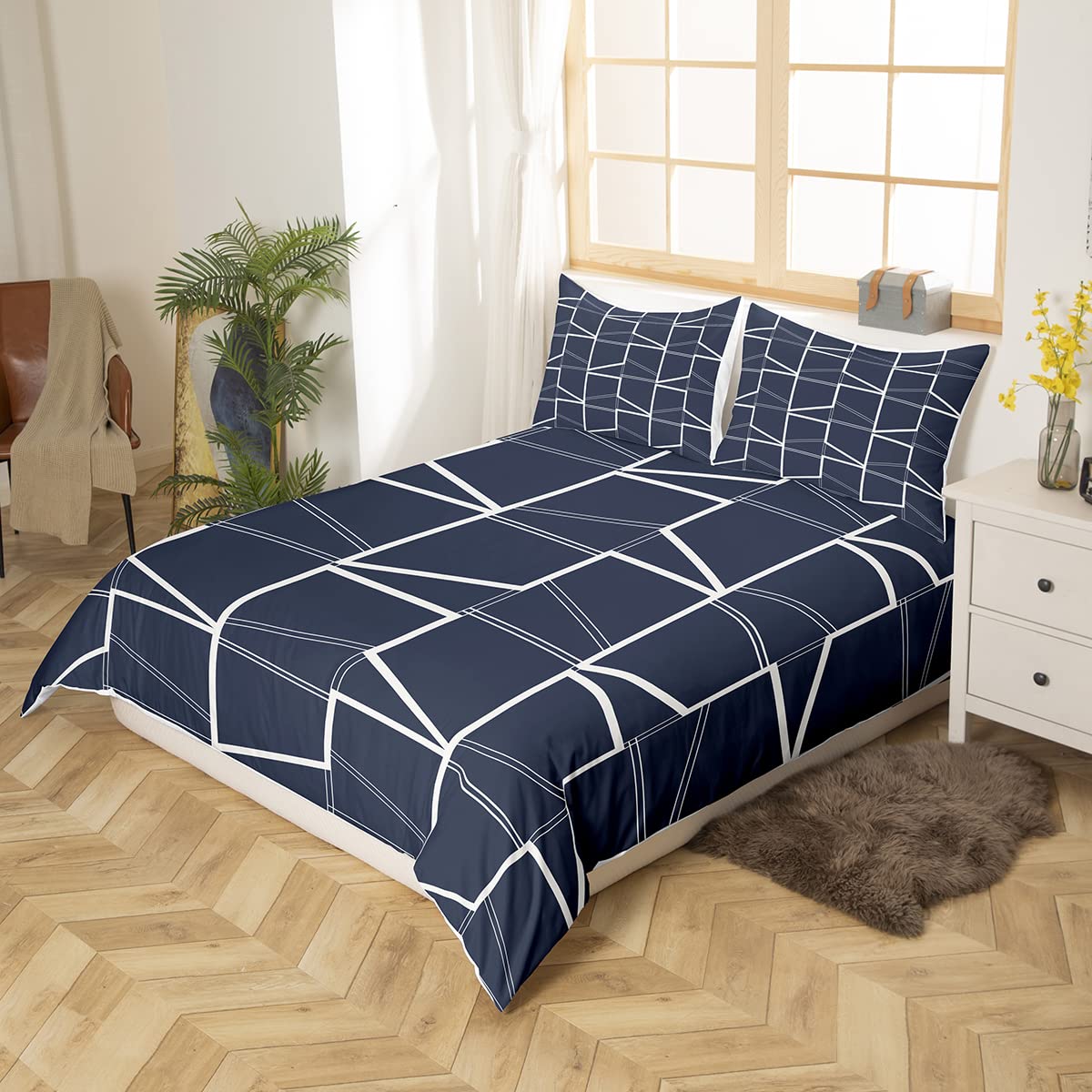 Amazon｜Erosebridal ネイビーブルー 幾何学模様 寝具 布団カバー
