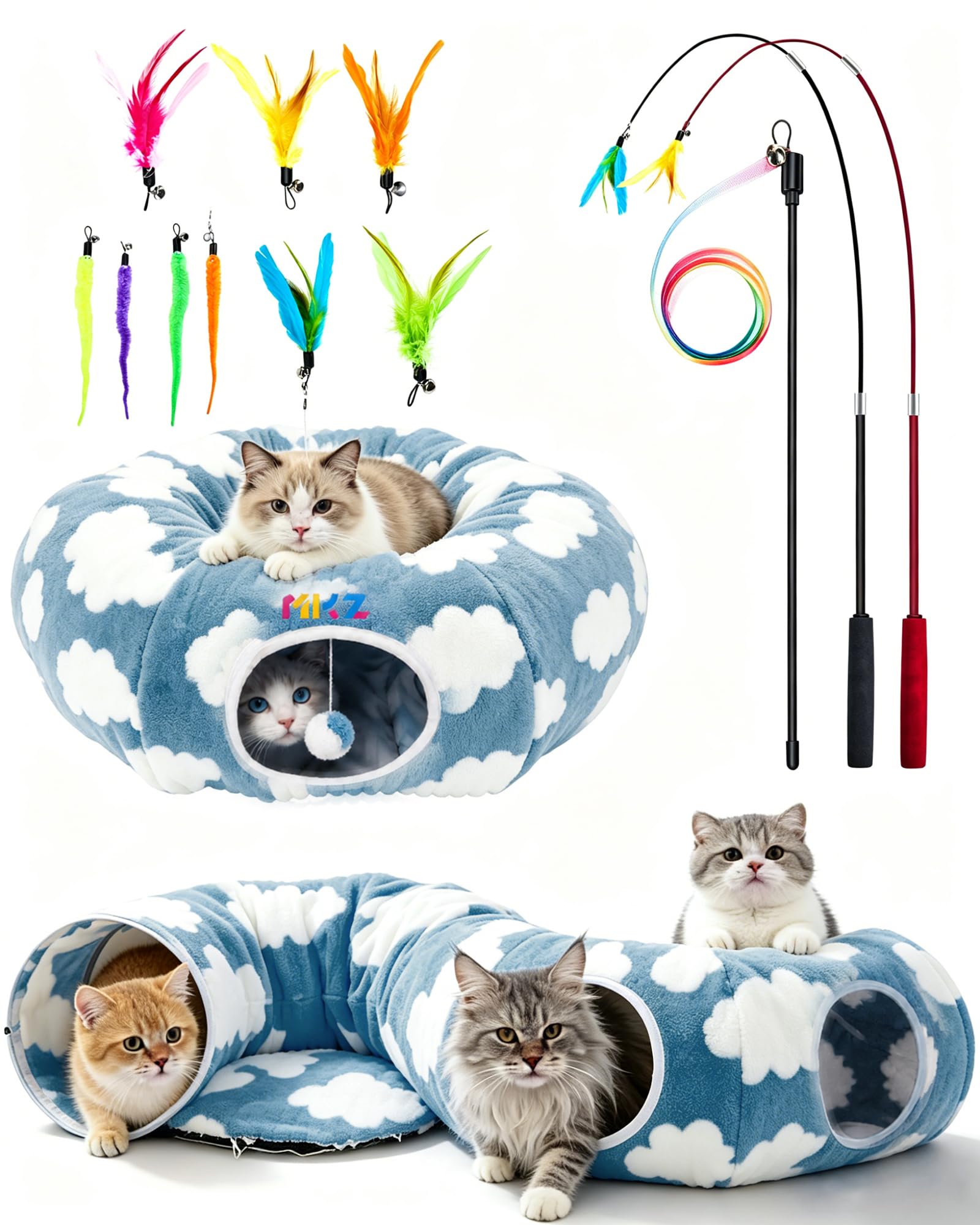 Cat Tunnel Bed with Toys – Large Collapsible Play Tube (Blue)