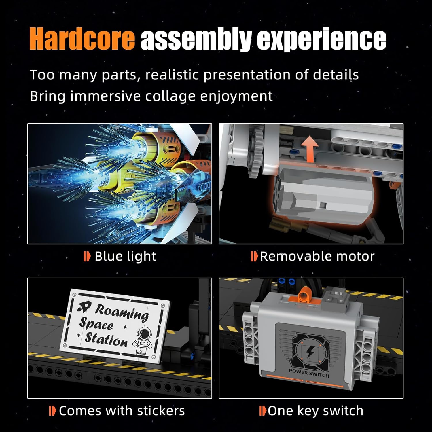 Close-up of the space station showing the blue light effects, removable motor, and a sticker sheet.
