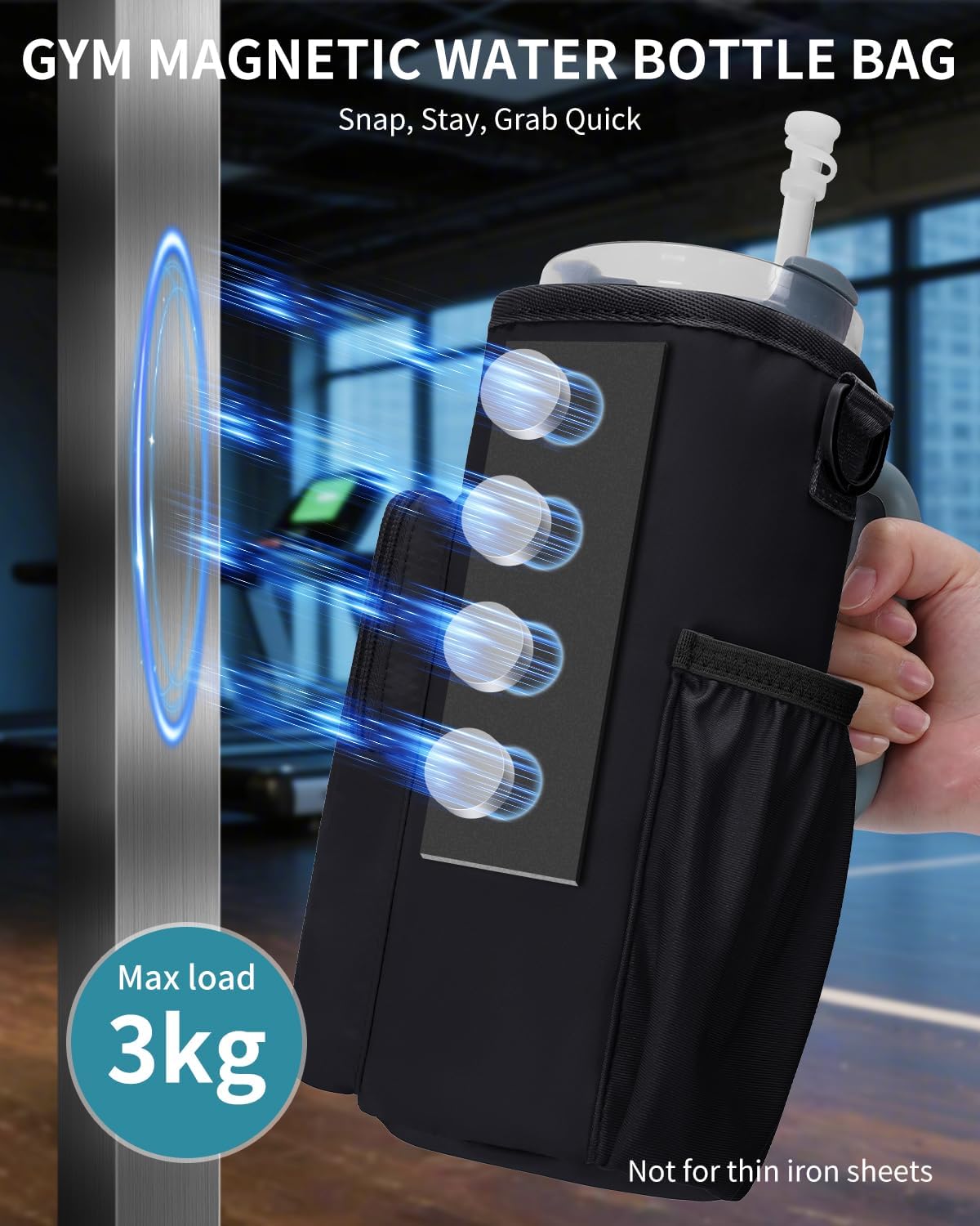 sportsnew Magnetic Gym Bag for Women Men, Water Bottle Carrier Holder with Strap & Phone Pockets for 40oz Tumbler with Handle, 4 Built-in Magnets Small Gym Bag for Sports, Workout, Fitness, Walking - Image 2
