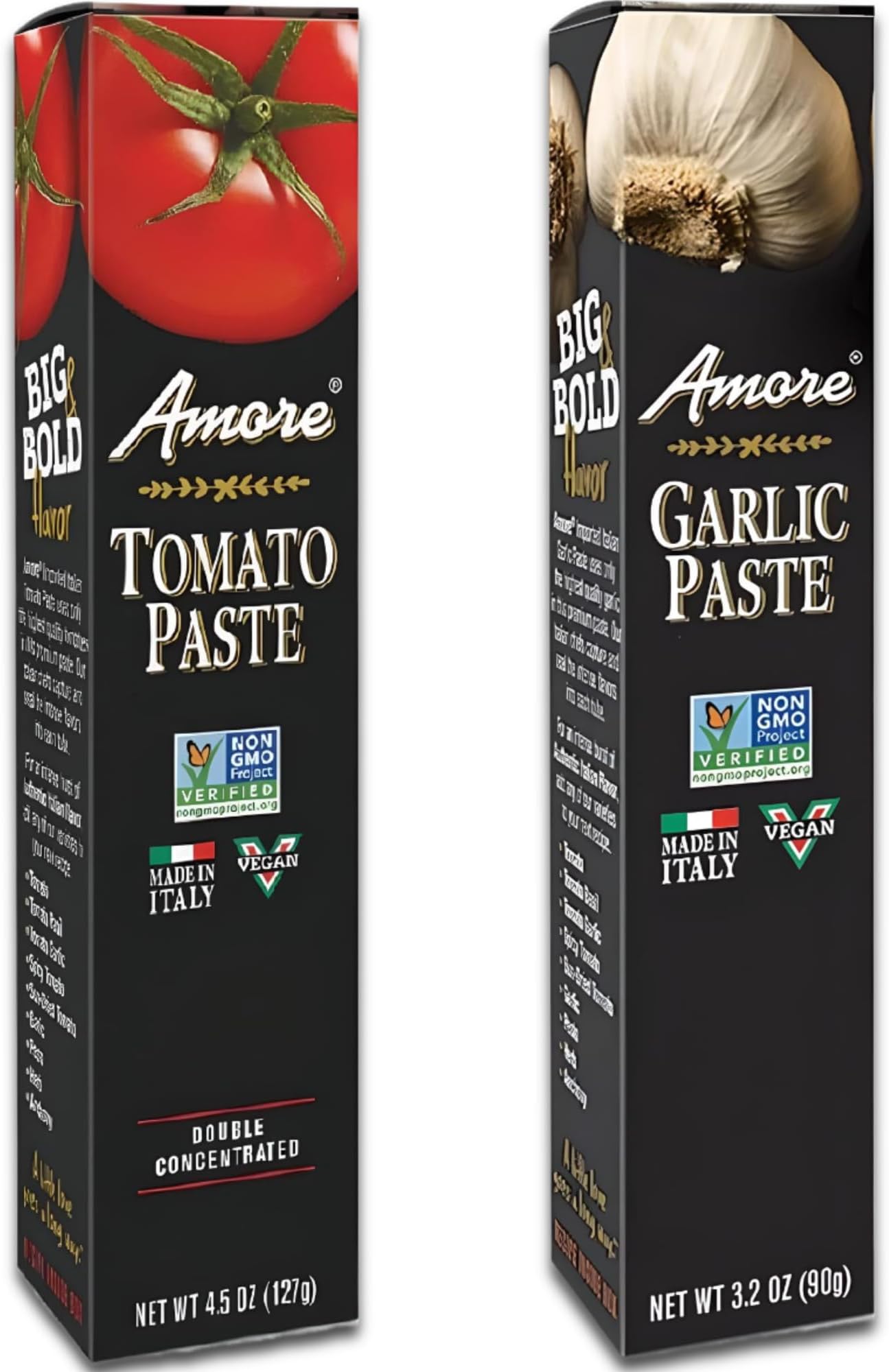 Amore Crowd Favorite - Garlic Paste (3.2oz) & Tomato Paste (4.5oz) in a Tube, Vegan, Non GMO Verified (Variety 2 Pack)