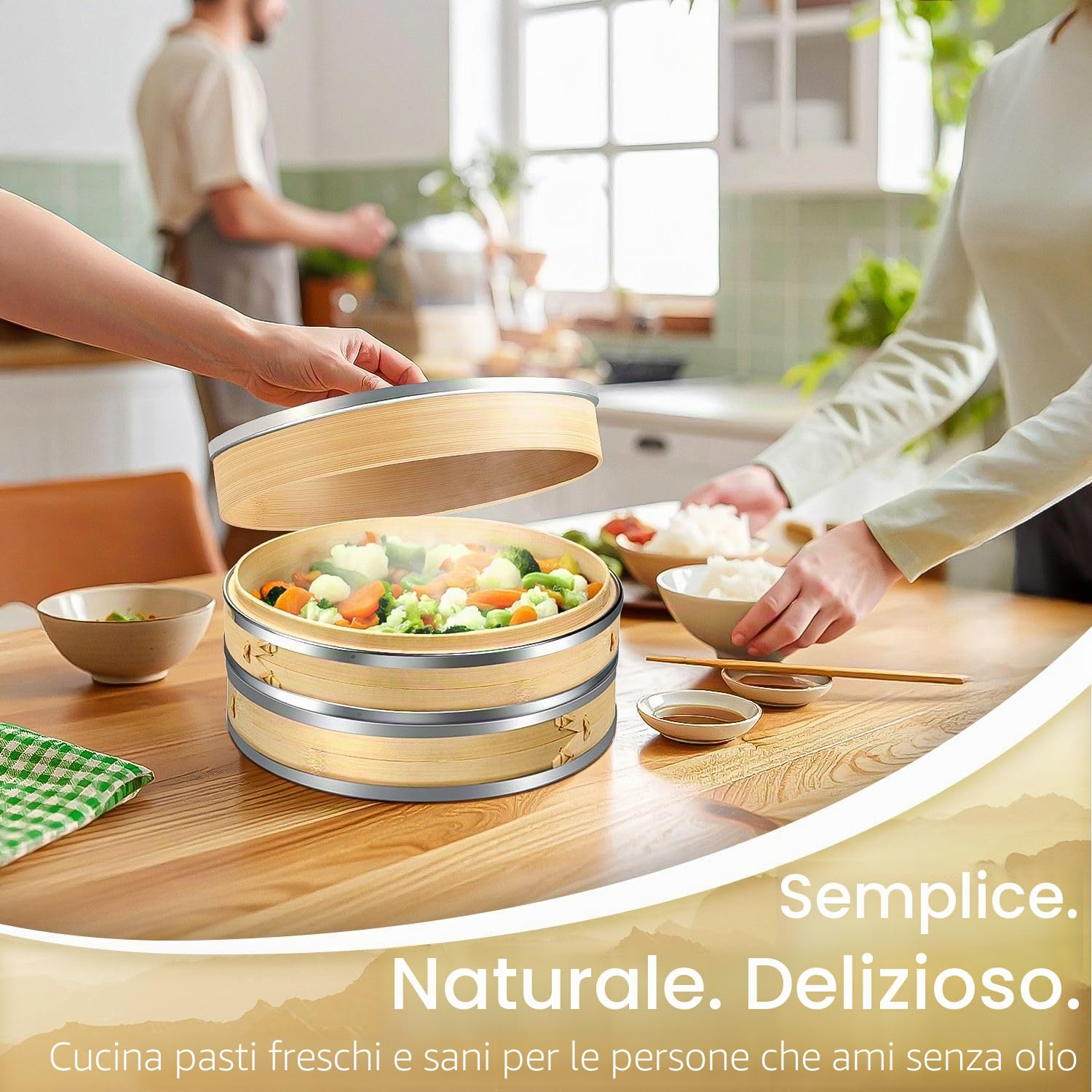Flexzion Vaporiera di bambù (25,4cm /10 pollici) con fasce in acciaio inox 50x fodere e 2 paia di bacchette, Vaporiera di bamboo cestello cinese, Steamer vapore per cottura cucina cibo asiatico