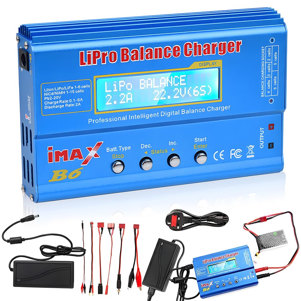 SKJJM Lipo Battery Charger, 80W 6A Lipo Balance Charger, RC Battery Charger with Power Cord, B6 Mini Professional Balance Charger with AC Power Adapter for Li-ion, NiMh, Li-Fe, NiCd, Pb