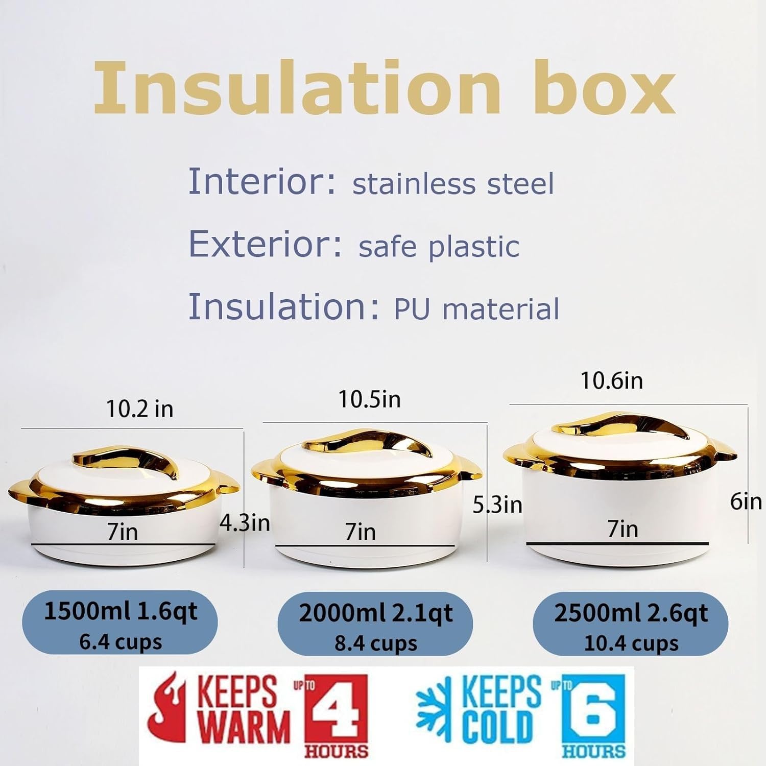 Ensemble de vaisselle en cassette en acier inoxydable isolé avec couvercles, 1,4 1,8 2,3 Qt Pots Gardez la nourriture chaude ou froide pour les buffets Fêtes repas de famille, stockage facile de trans