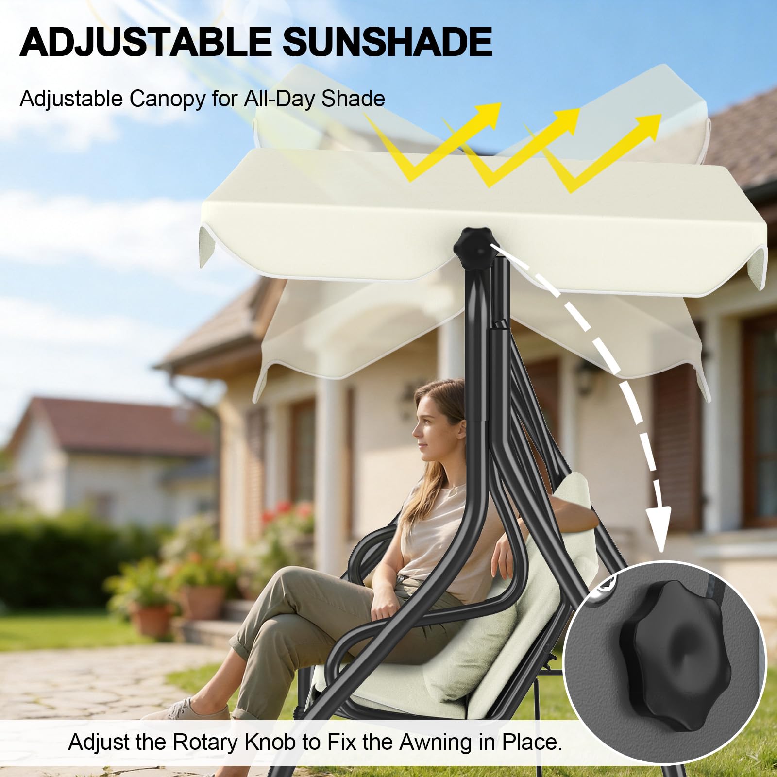 Huracan Balancelle de jardin 3 places, avec fonction allongée, coussin d'assise extra épais et auvent réglable, résistant aux intempéries, chaise longue de jardin, banc à bascule, fauteuil à bascule
