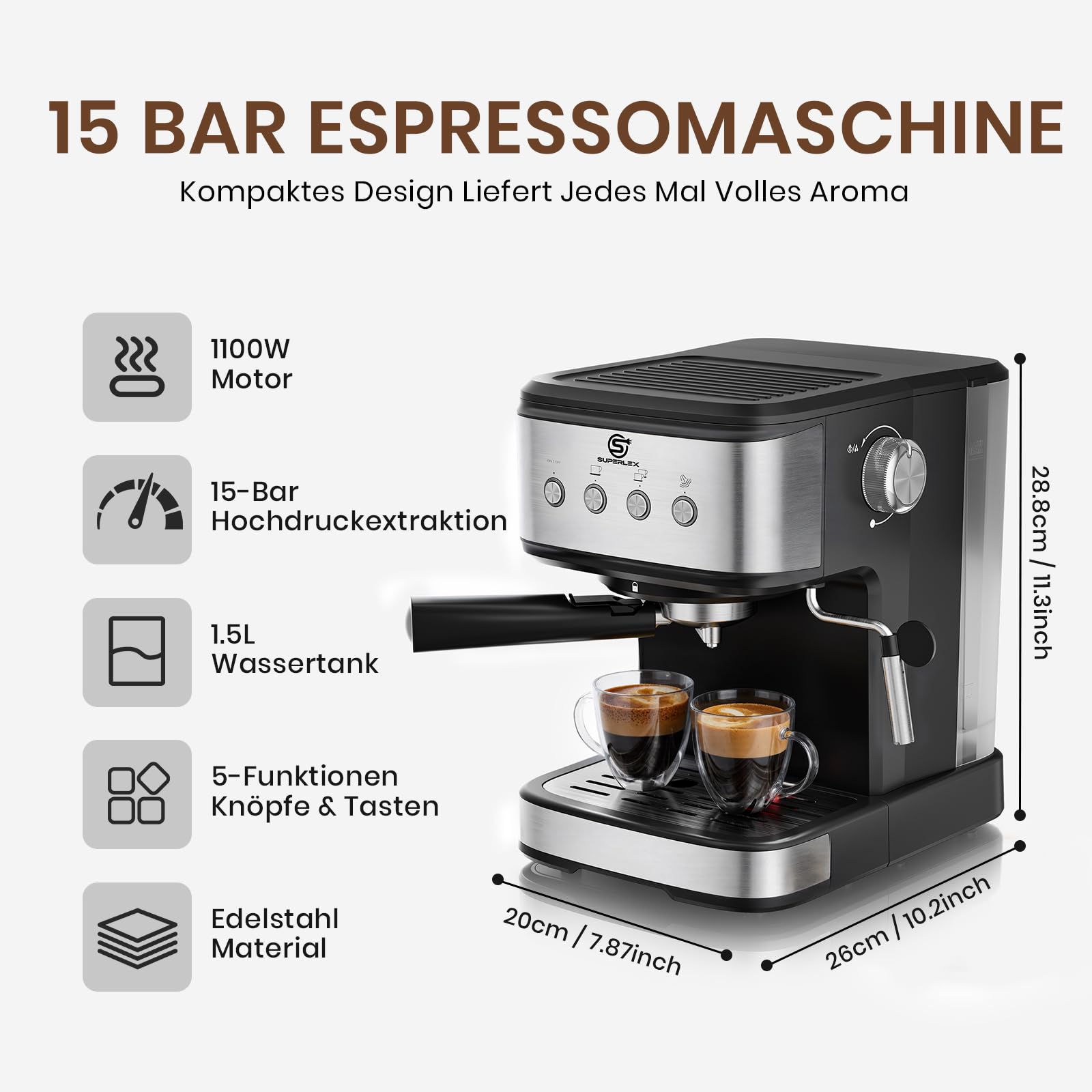 Porte-filtre pour machine à expresso, en acier inoxydable, 15 bars, pression 1100 W, pour machine à café expresso, cappuccino, latte, réservoir d'eau de 1,5 l, machine à café compacte