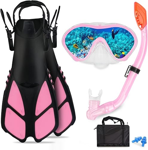 Juego de esnórquel para niños  Aletas ajustables + máscara de esnórquel panorámica + tubo de esnórquel seco + bolsas de viaje  Adecuado para niños y
