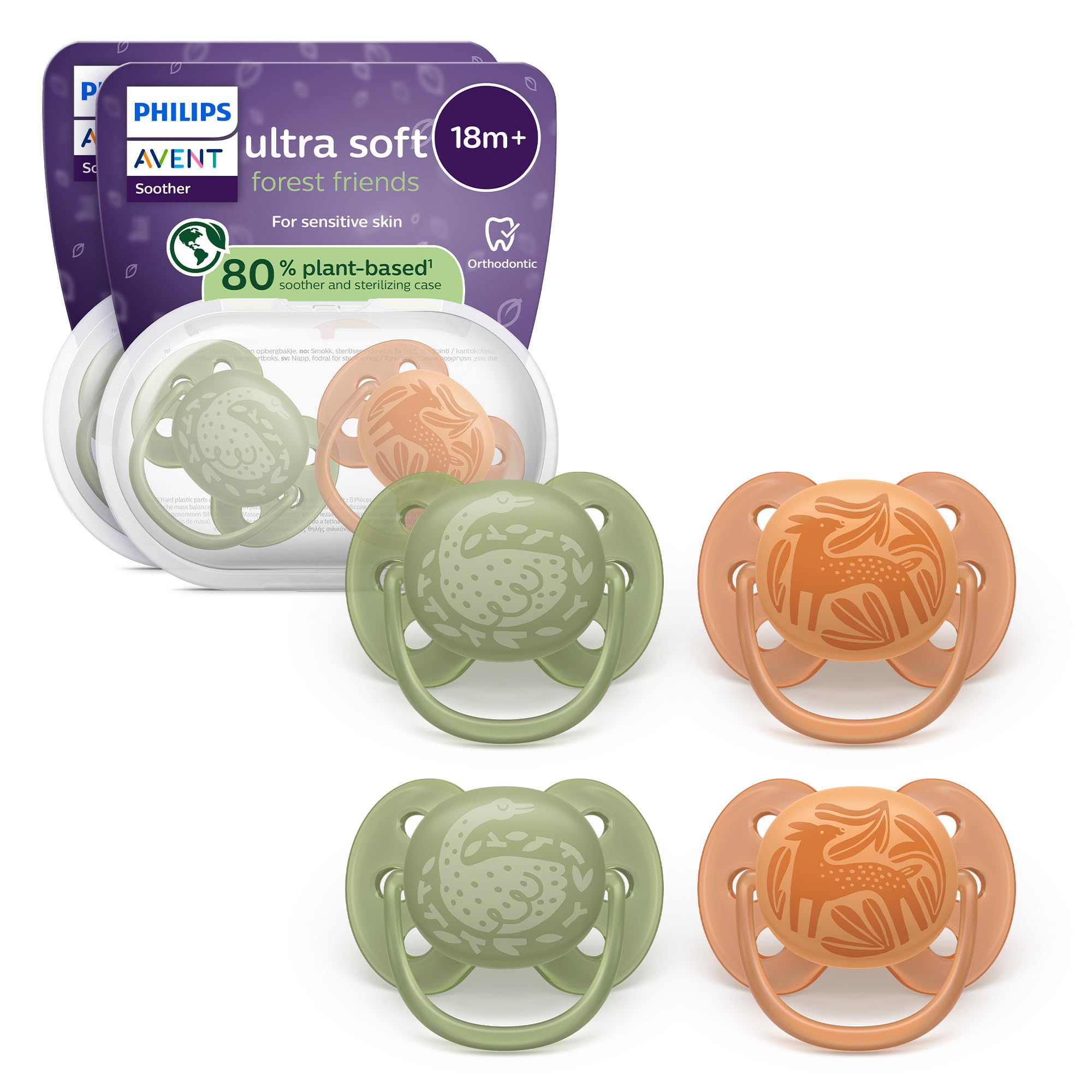 Philips Avent Ultra Soft Ciuccio - Design ortodontico, per neonati 0-18 mesi, scudo flessibile, tettarella simmetrica extra rigida in morbido silicone, senza BPA, confezione da 4, SCF093/07