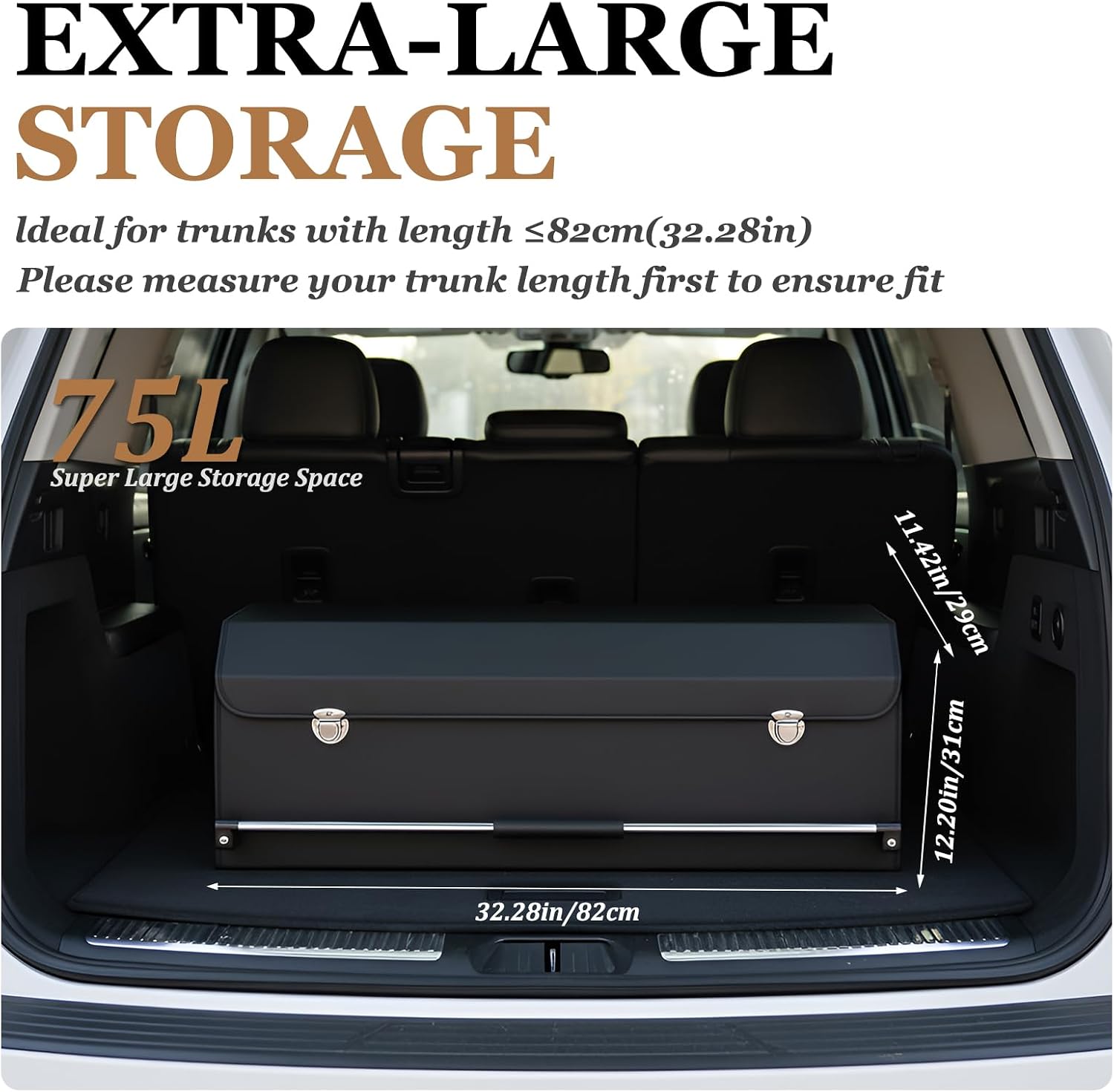 Car Trunk Organizer, Leather Car Trunk Storage Organizer with Lid and Sturdy Handle Car Organizer Storage Box Suv Trunk Organizer (Black, 32.3 x 11.4 x 12.2in)