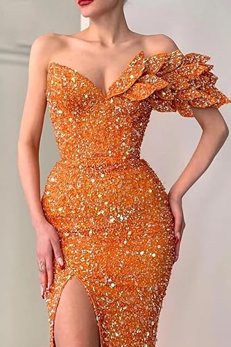 Miniatura 2 de Vestido de fiesta de sirena con lentejuelas 2025 largo con un hombro y cuello en V, vestidos de noche brillantes formales para mujeres con abertura